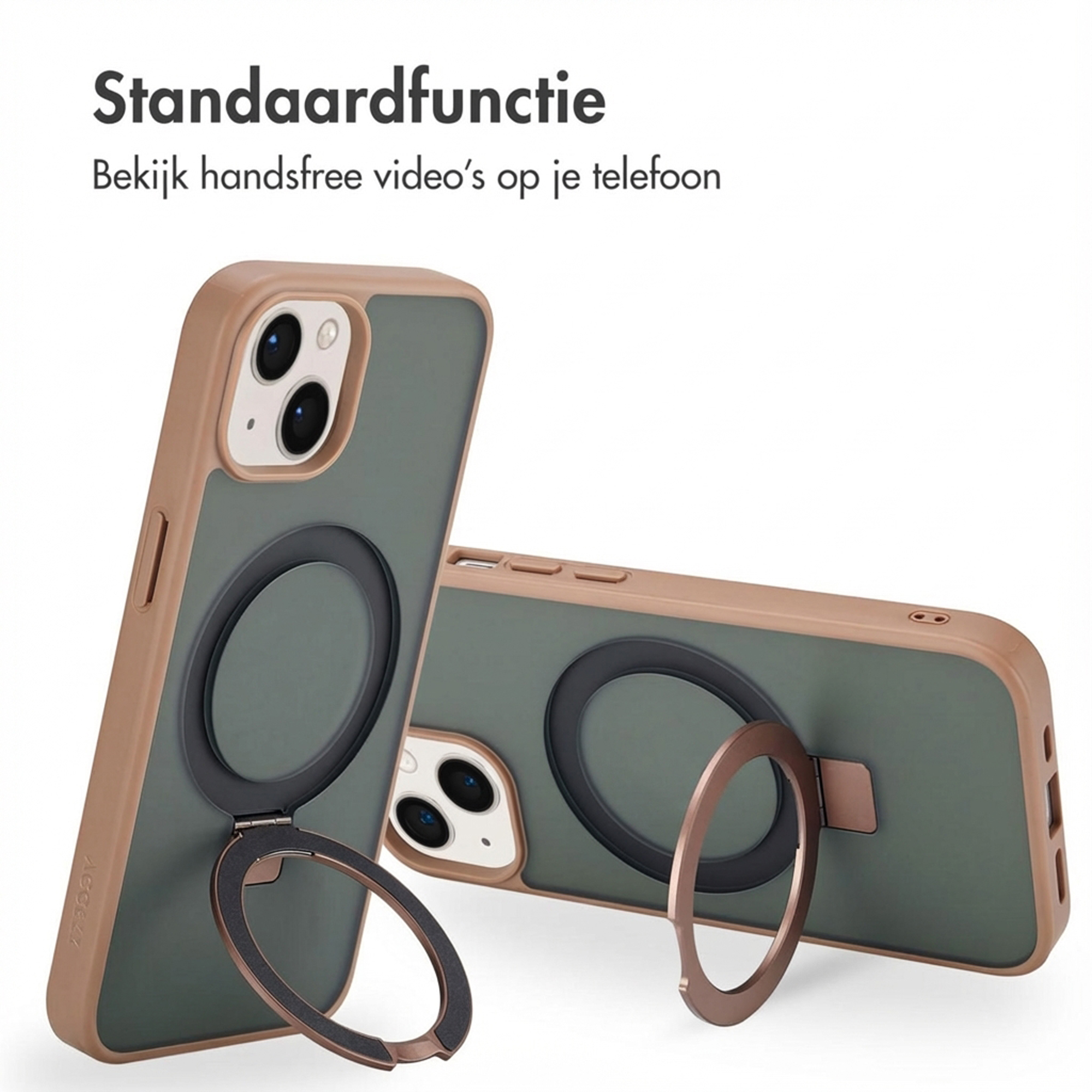 Due custodie per telefono marroni e verdi, con anello porta.