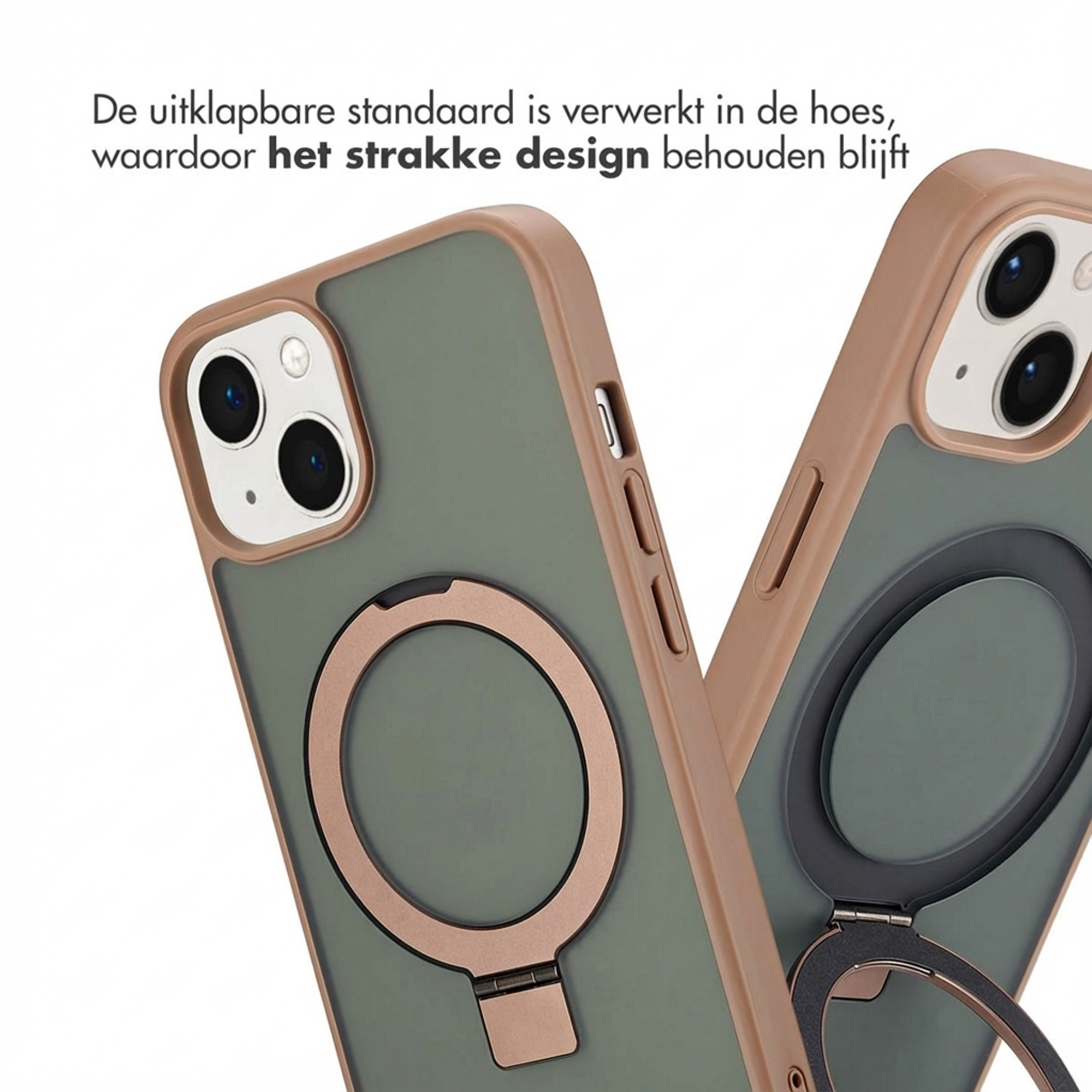 Due custodie per telefono, una beige e una verde, con anello di supporto.