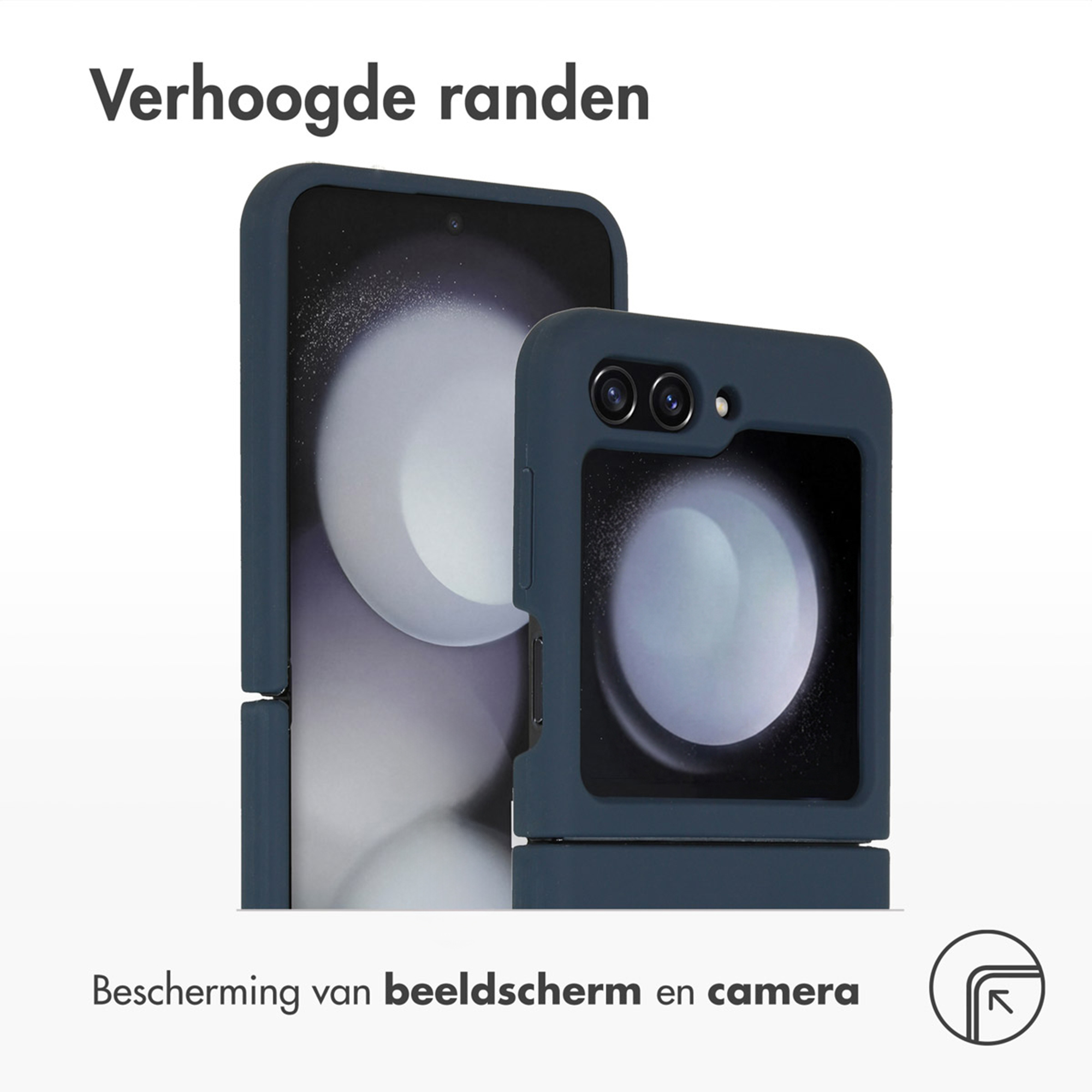 Una custodia blu scuro protegge un telefono pieghevole con fotocamere.