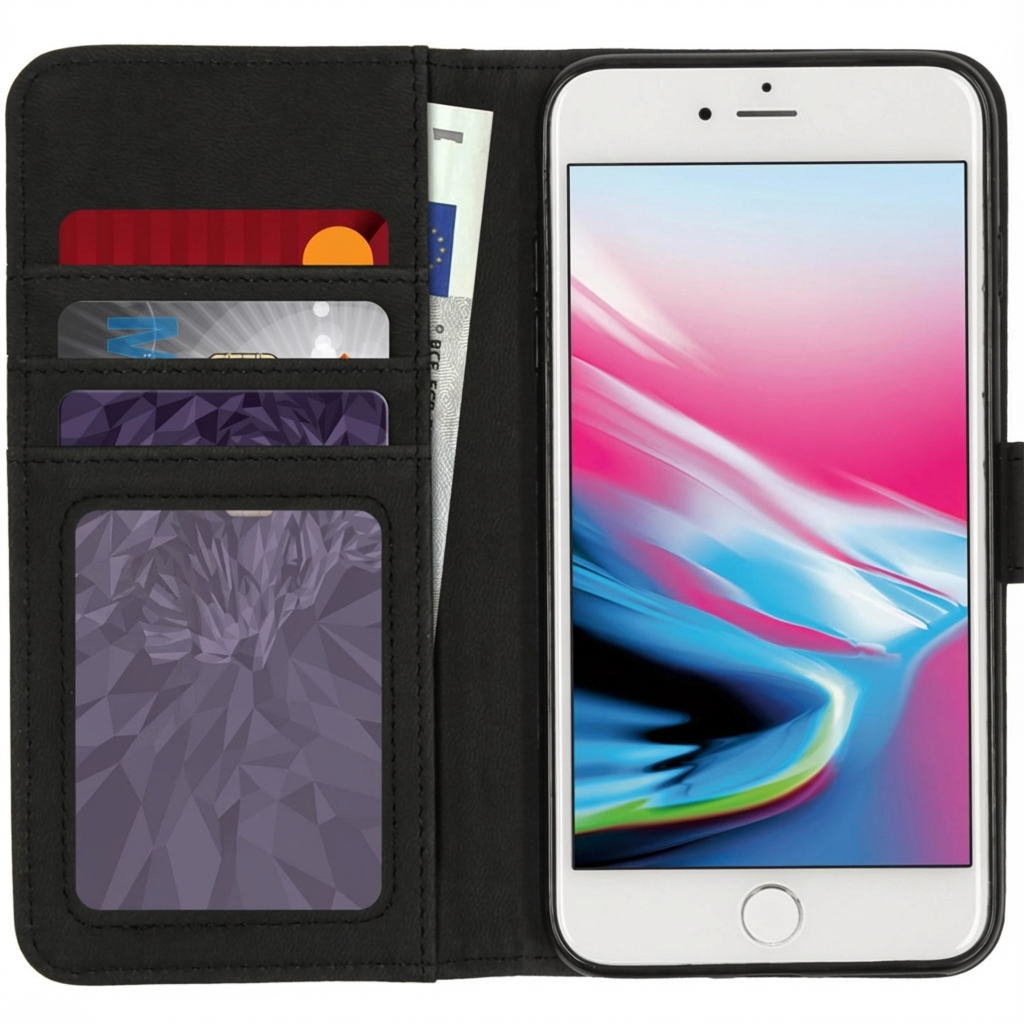 Un portafoglio in pelle nera con smartphone, carte e banconote.