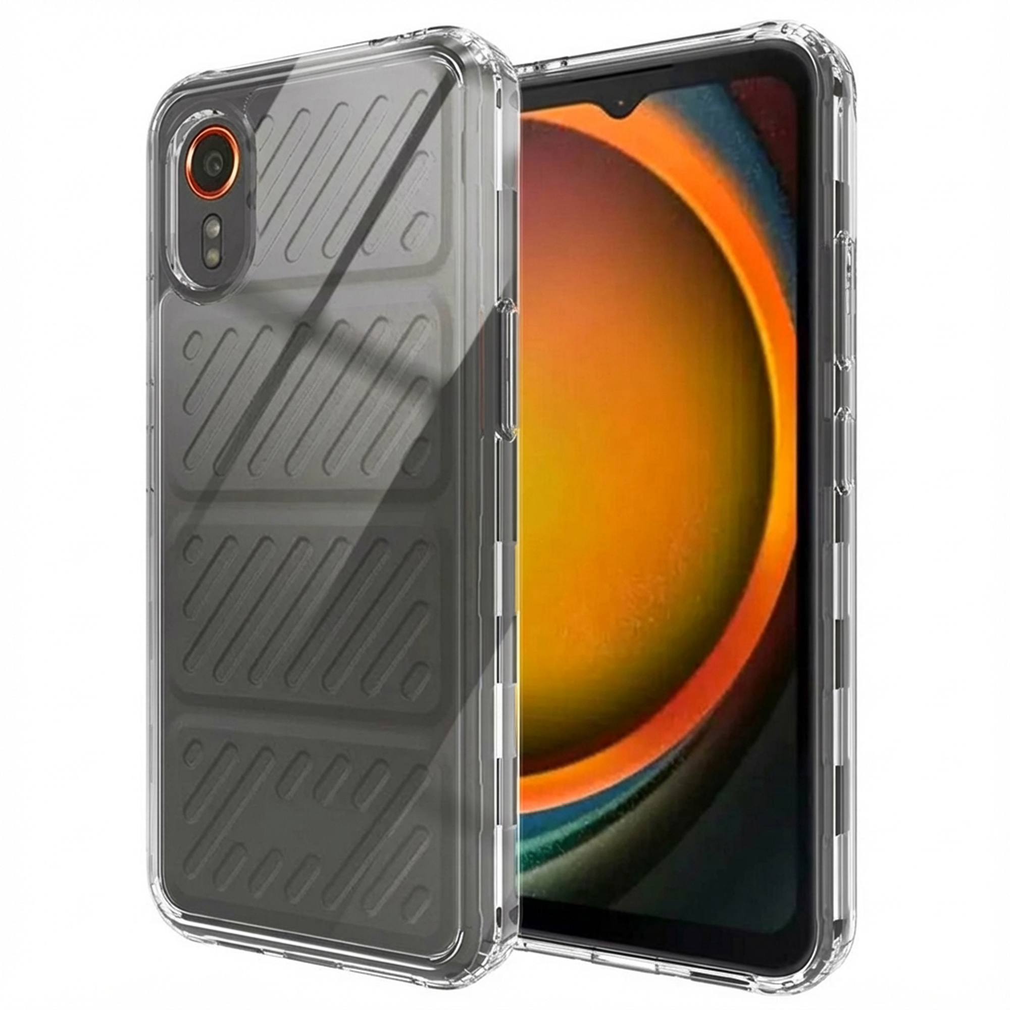Una custodia trasparente per telefono con motivo a coste su uno smartphone con sfondo arancione.