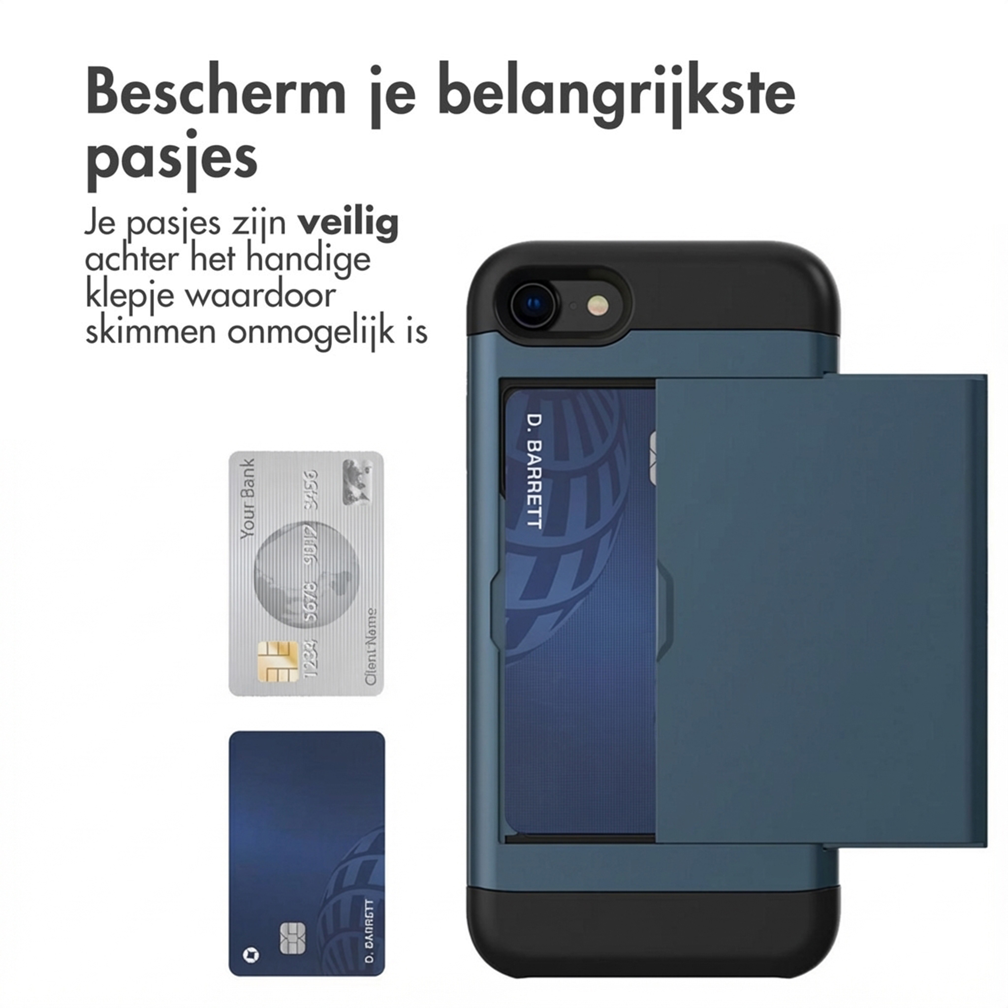 Una custodia blu per telefono con uno slot per carte mostra due carte di credito.