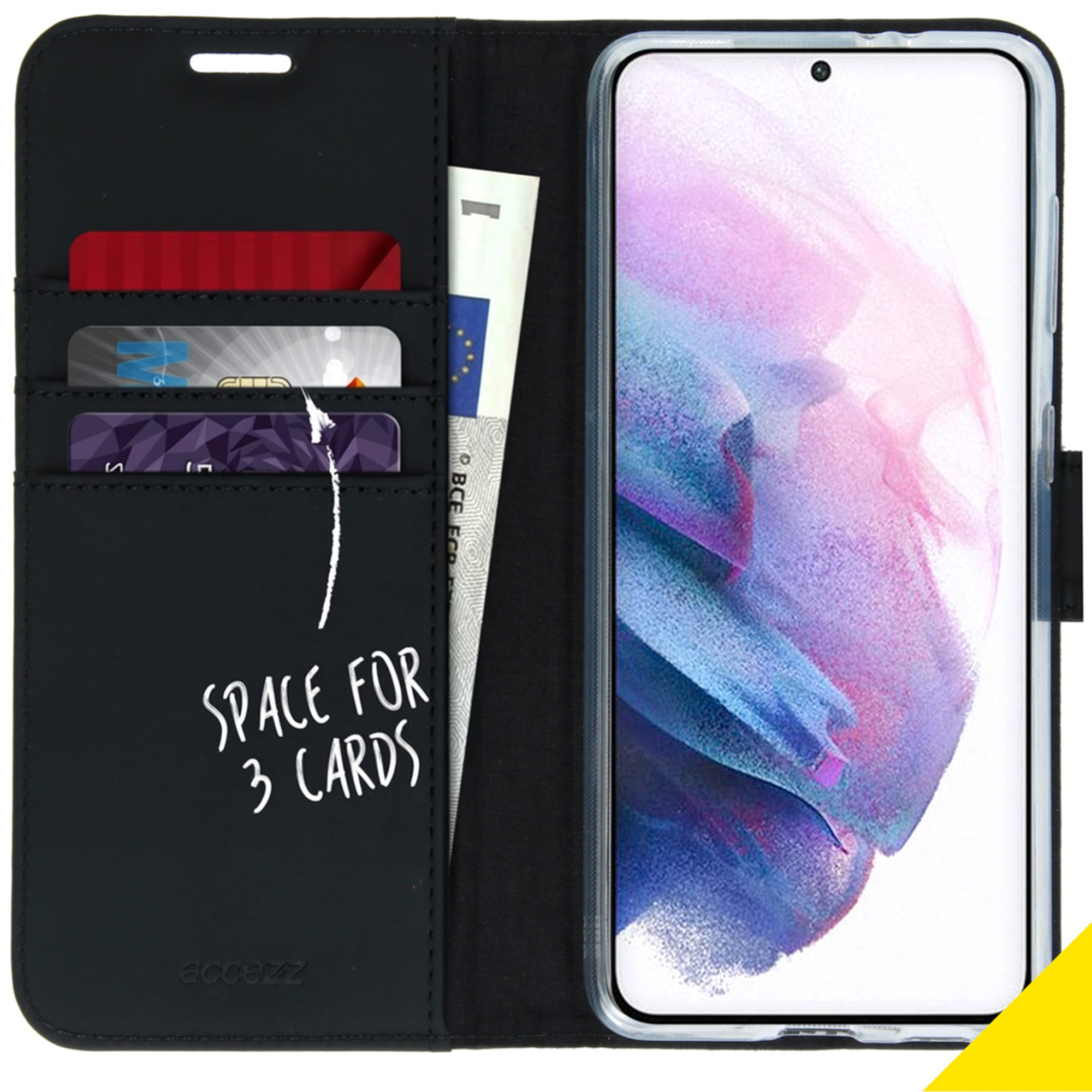 Custodia a portafoglio nera con telefono, carte e banconota. Spazio per 3 carte.