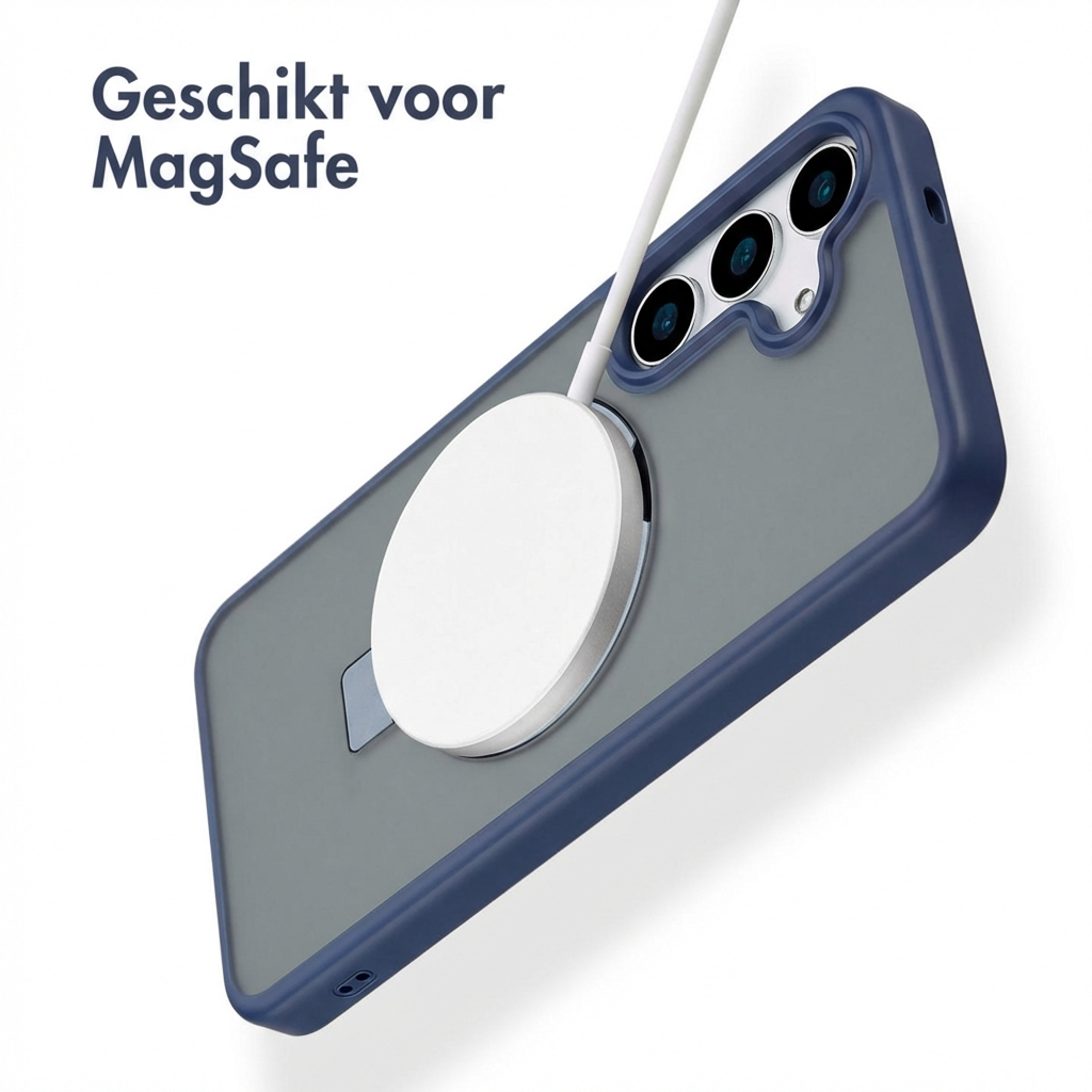 Uno smartphone con un caricatore MagSafe attaccato sul retro.
