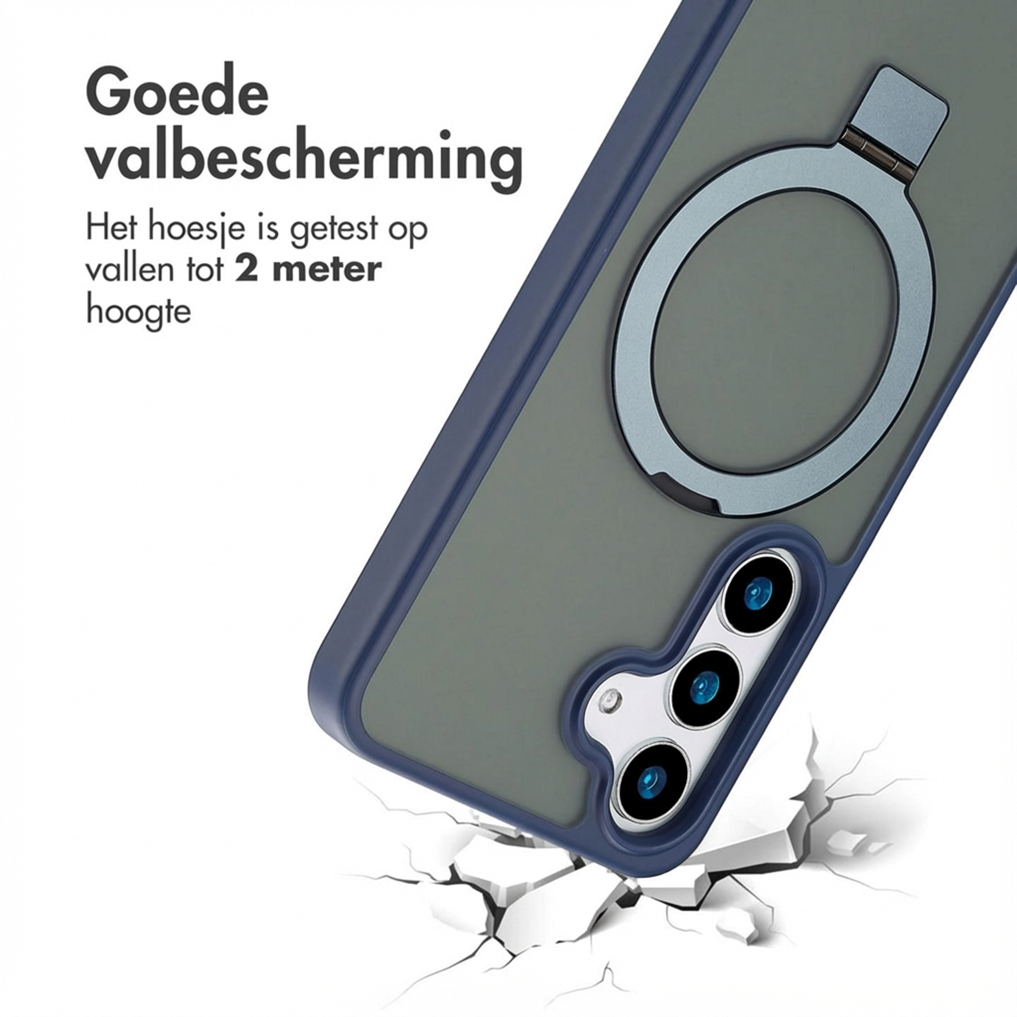 Custodia per telefono con anello che cade su terreno crepato.