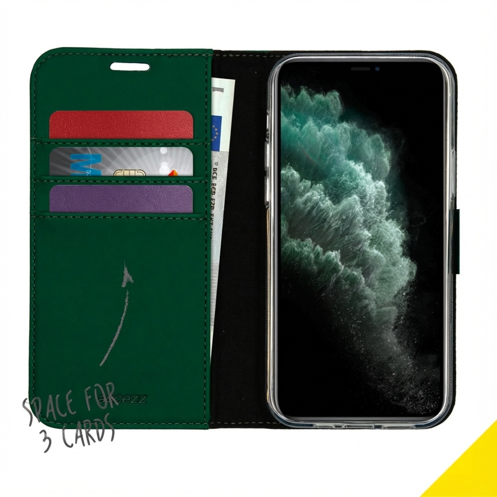 Custodia verde per telefono con slot per carte e scomparto banconote.