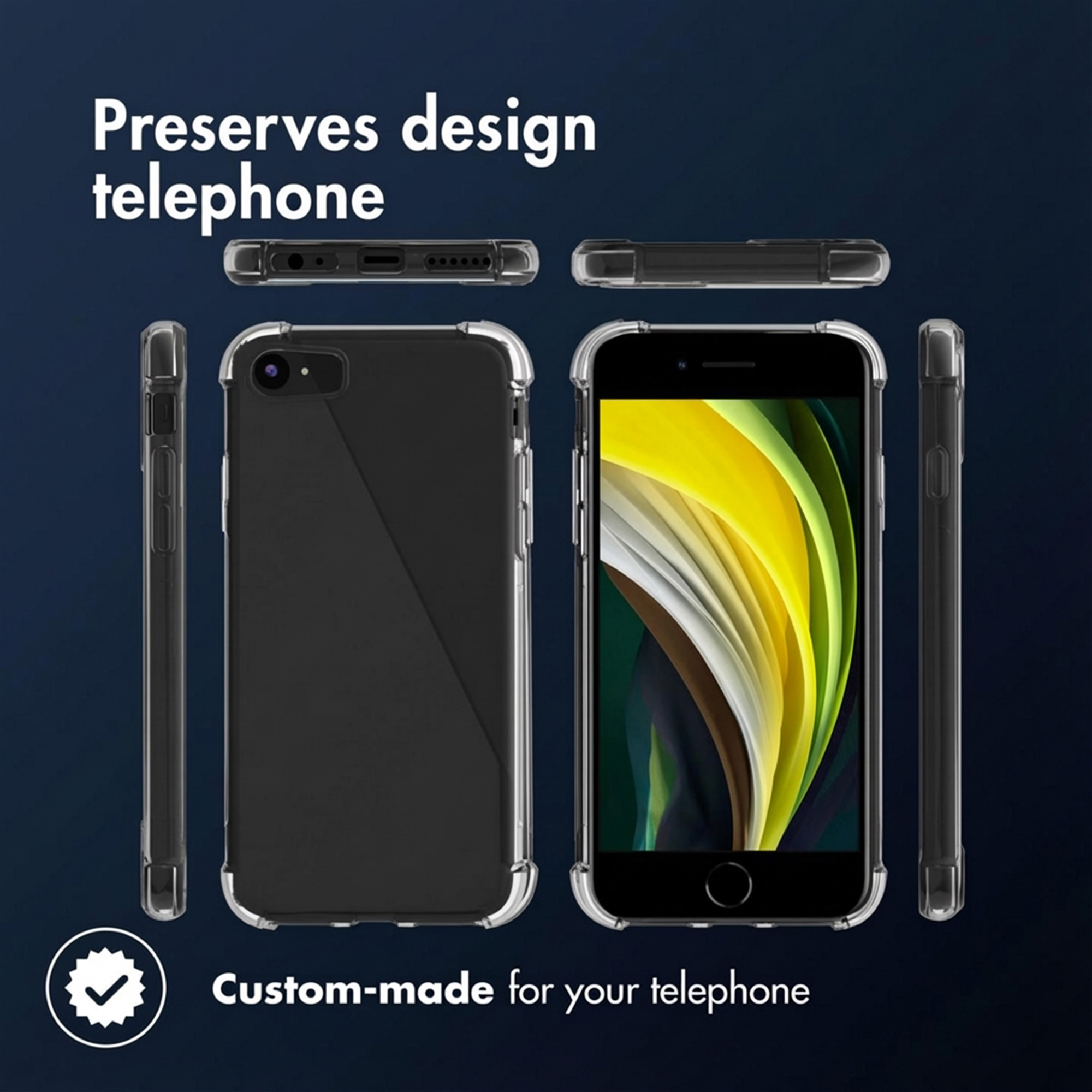 Ein durchsichtiger Handykoffer, der ein Smartphone schützt. Zeigt Vorder-, Rück- und Seitenansichten.