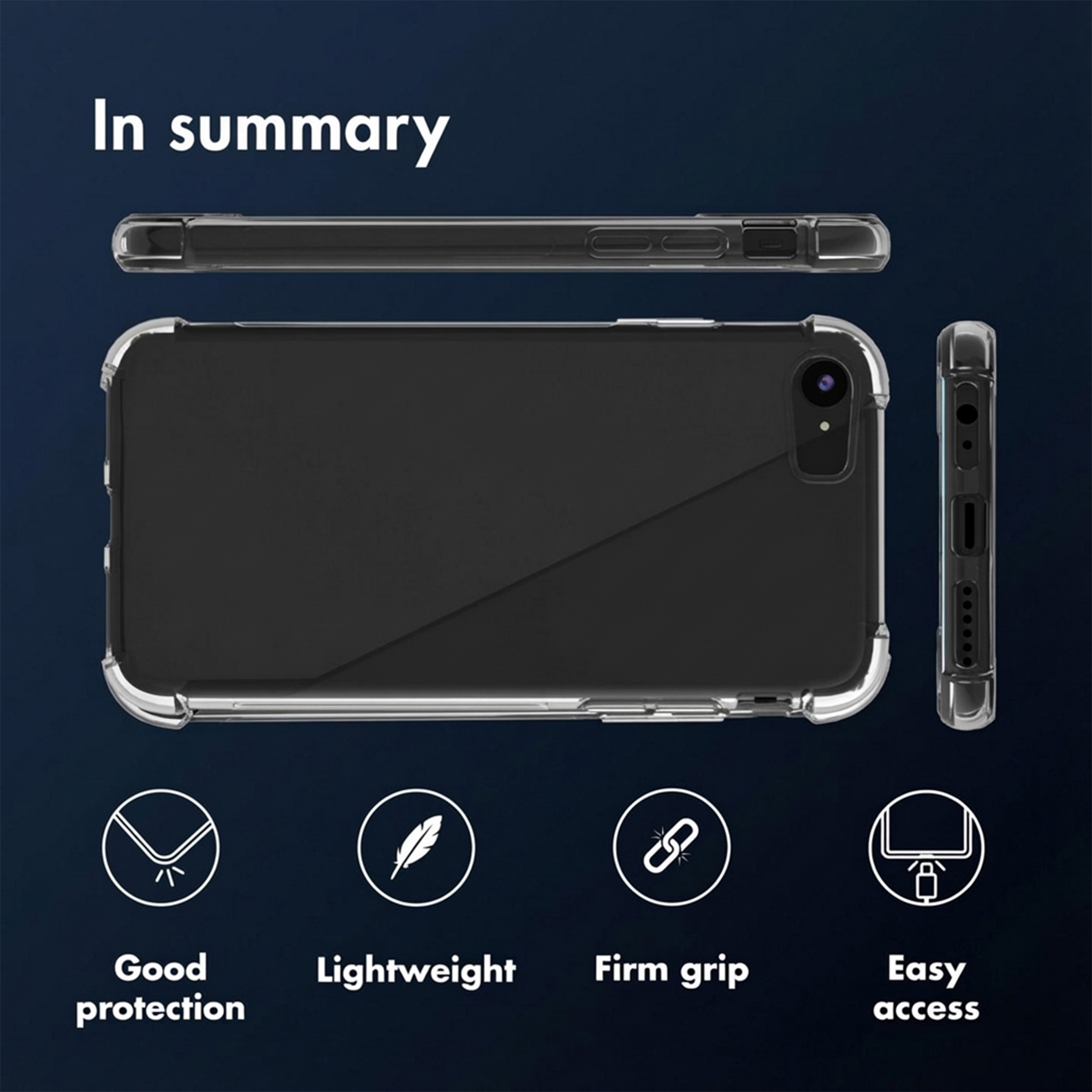 Ein schwarzes Handy mit durchsichtigem Gehäuse wird von drei Seiten gezeigt.