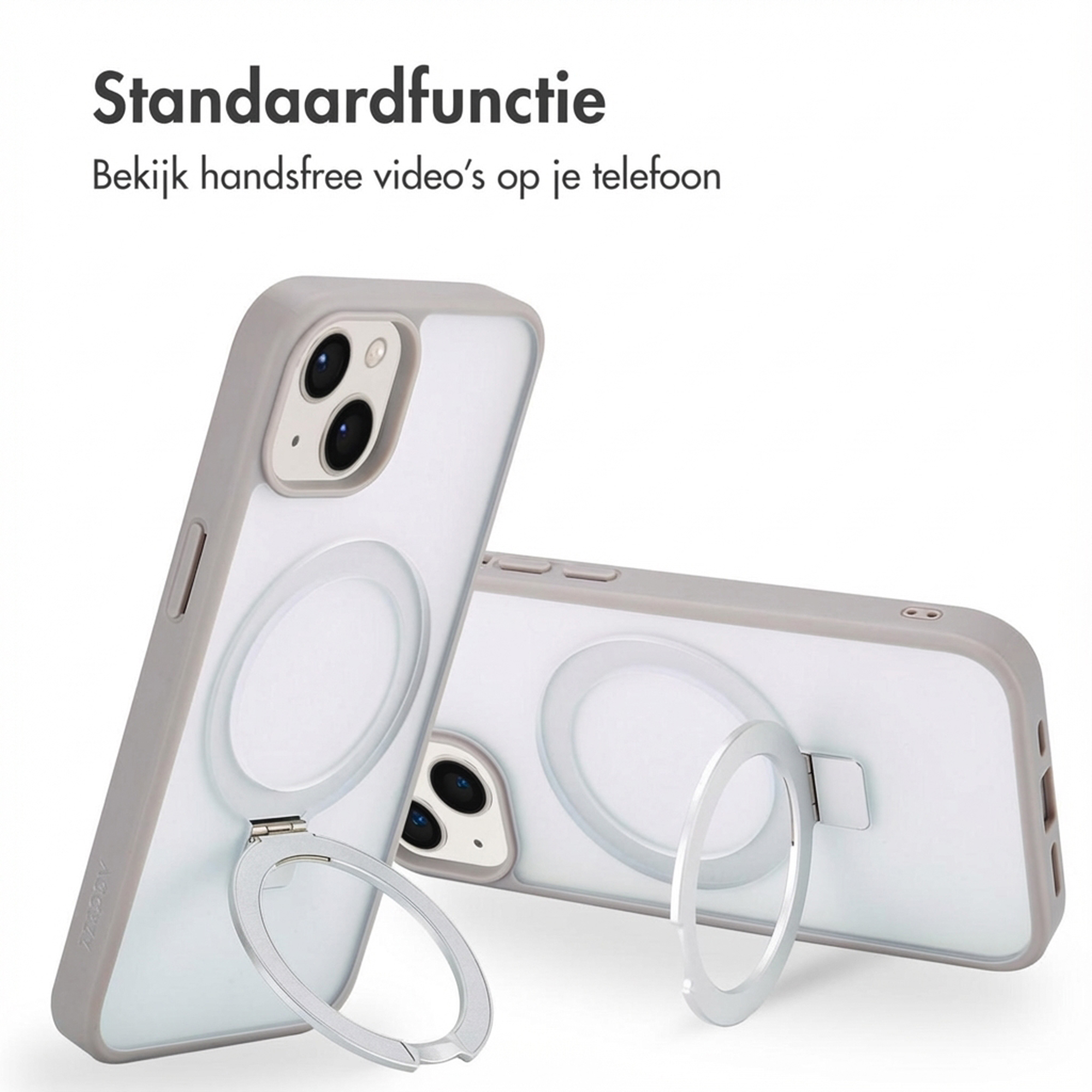 Cover grigie per telefono con anelli di supporto integrati per la visione a mani libere.