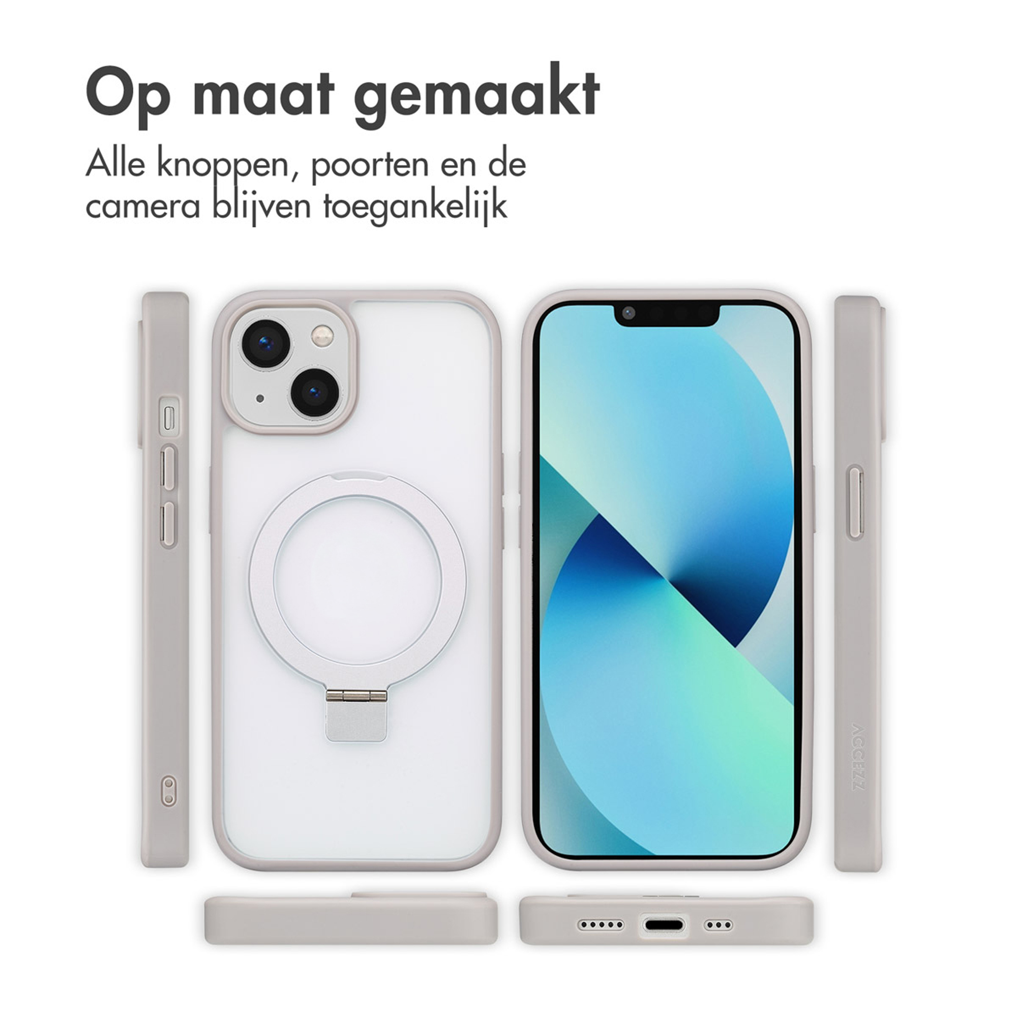 Custodia grigia per smartphone con anello porta-dita, vista frontale, posteriore e laterale.