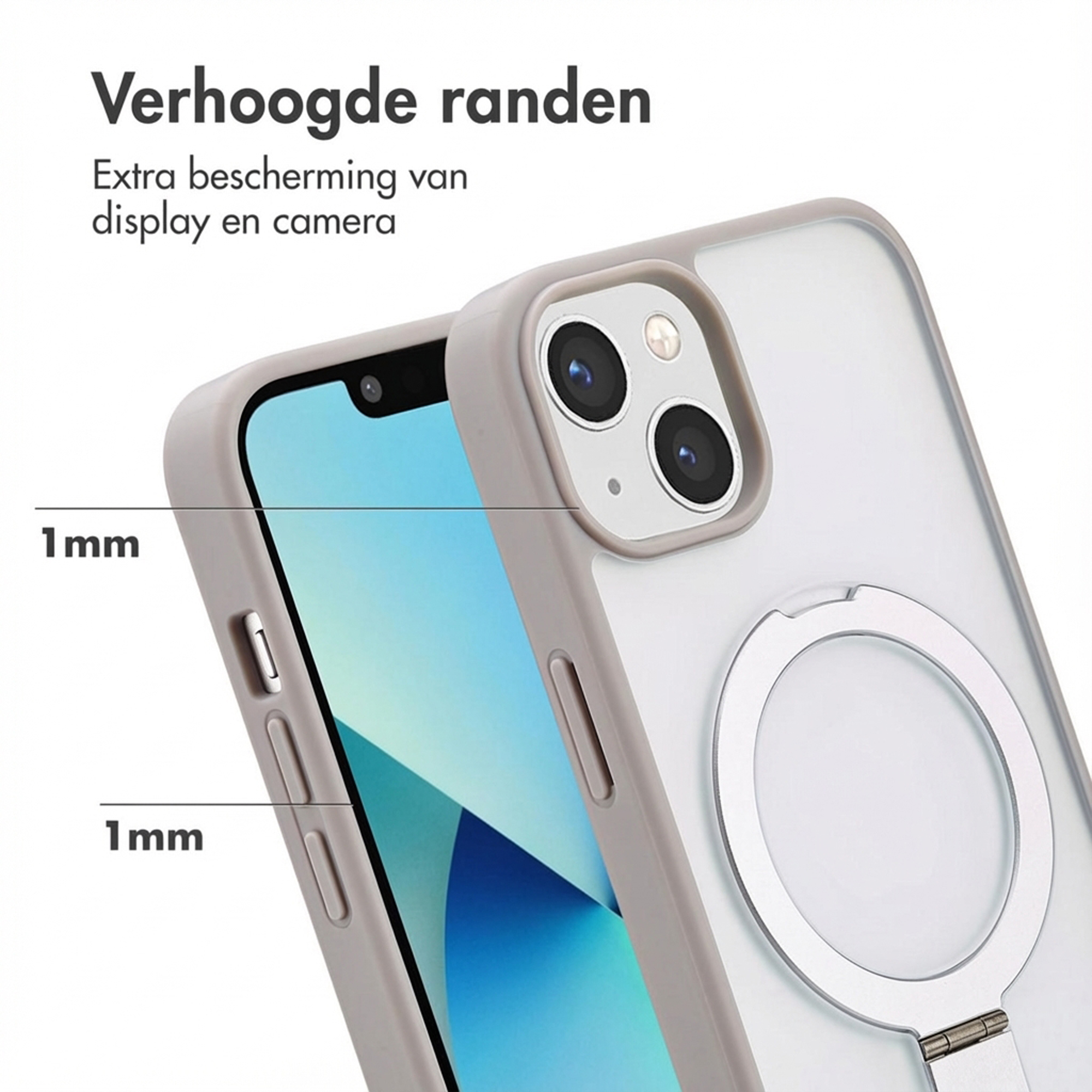 Custodia grigia con bordi rialzati per la protezione di display e fotocamera.