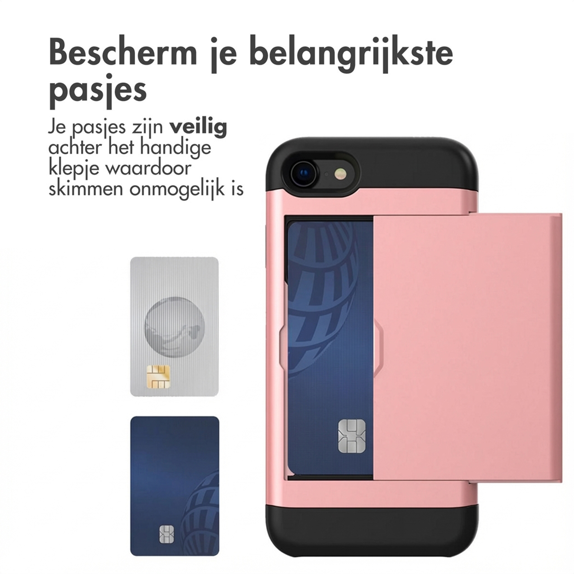 Een roze telefoonhoesje met kaartsleuven en kaarten.