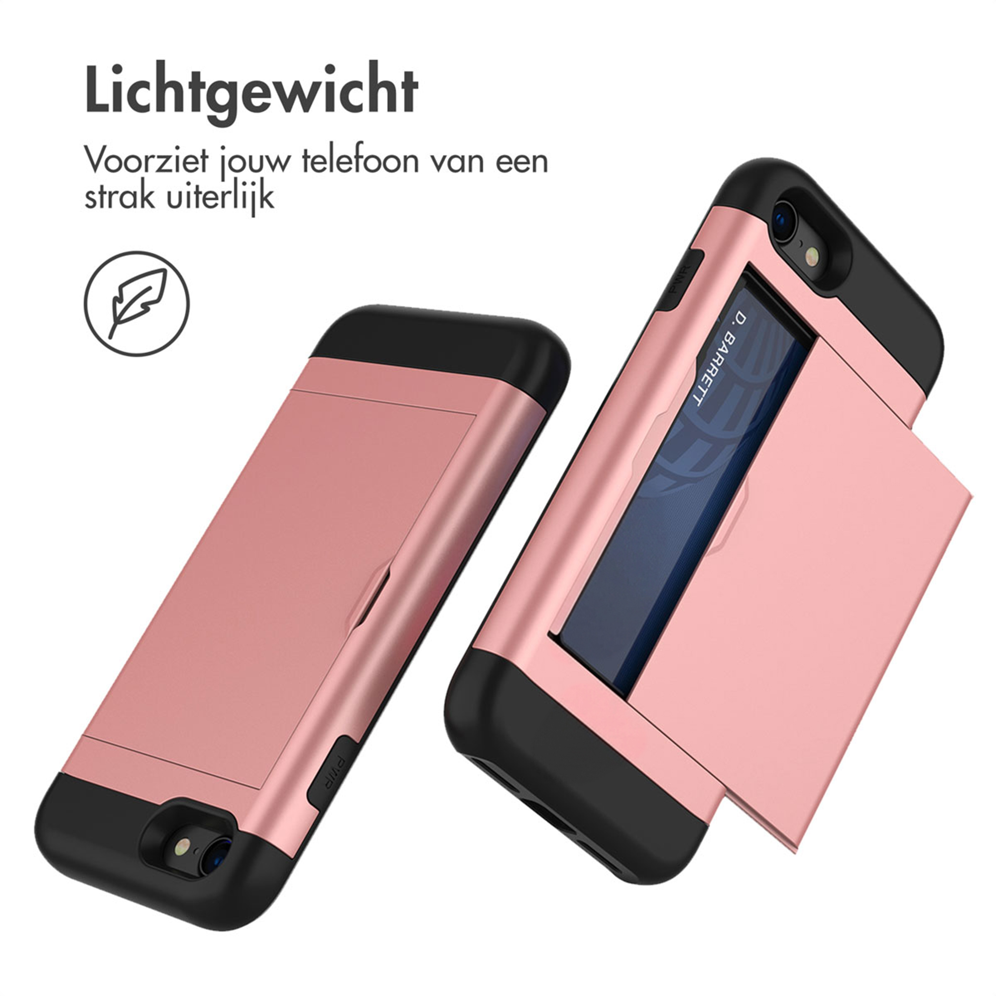 Twee roségouden telefoonhoesjes met zwarte rand, één met kaartsleuf.