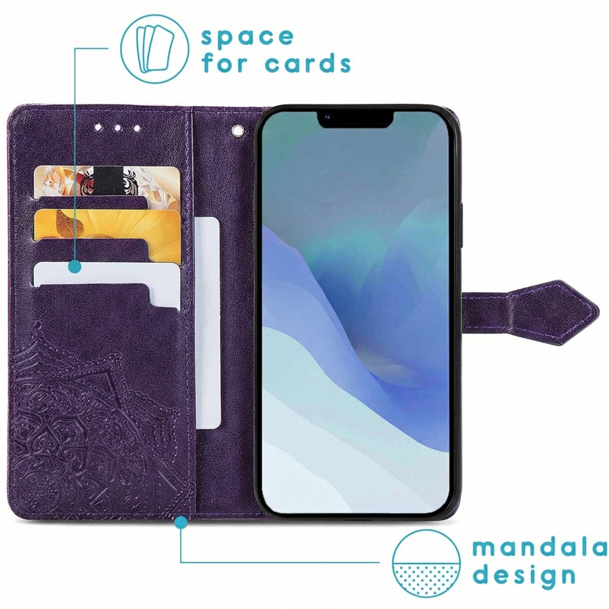 Custodia viola per telefono con slot per carte e design mandala.