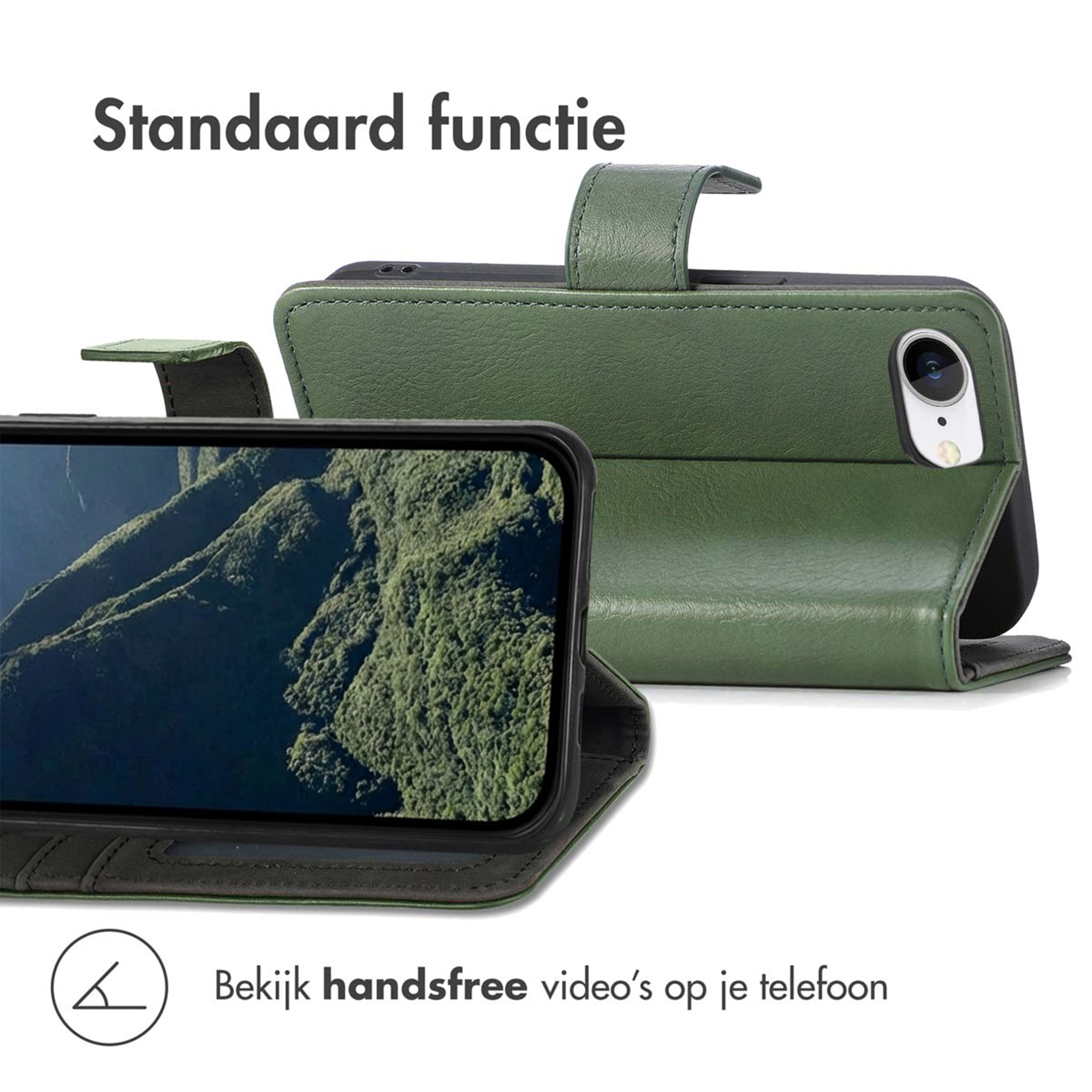 Eine grüne Lederhülle mit integriertem Ständer für ein Smartphone wird gezeigt.
