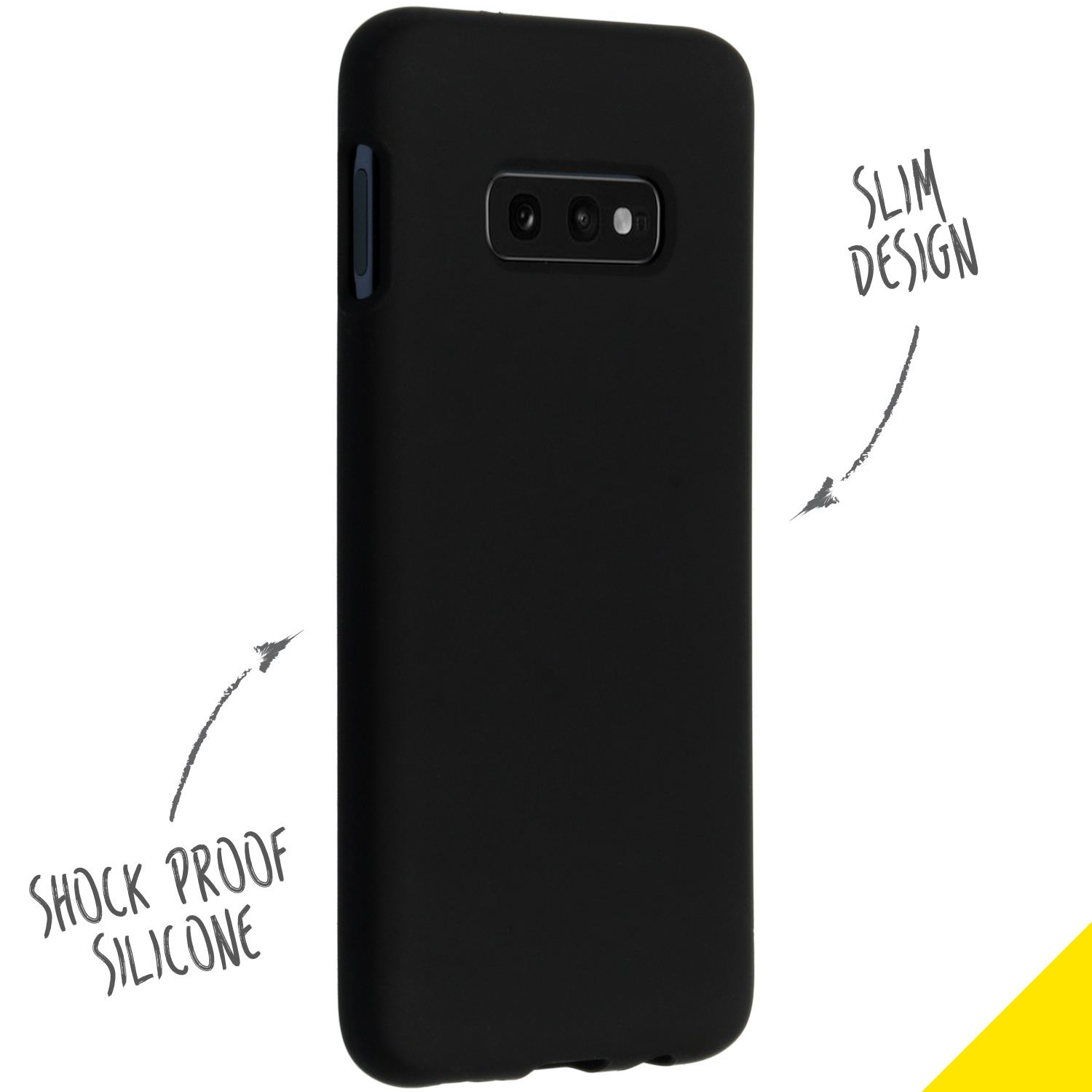 Custodia nera per telefono con ritaglio fotocamera e testo.