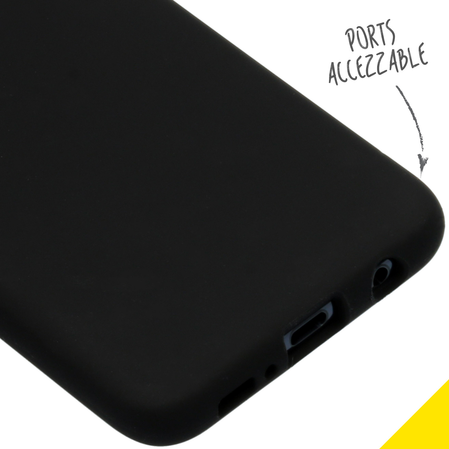 Custodia nera per telefono con porte accessibili e jack per cuffie.