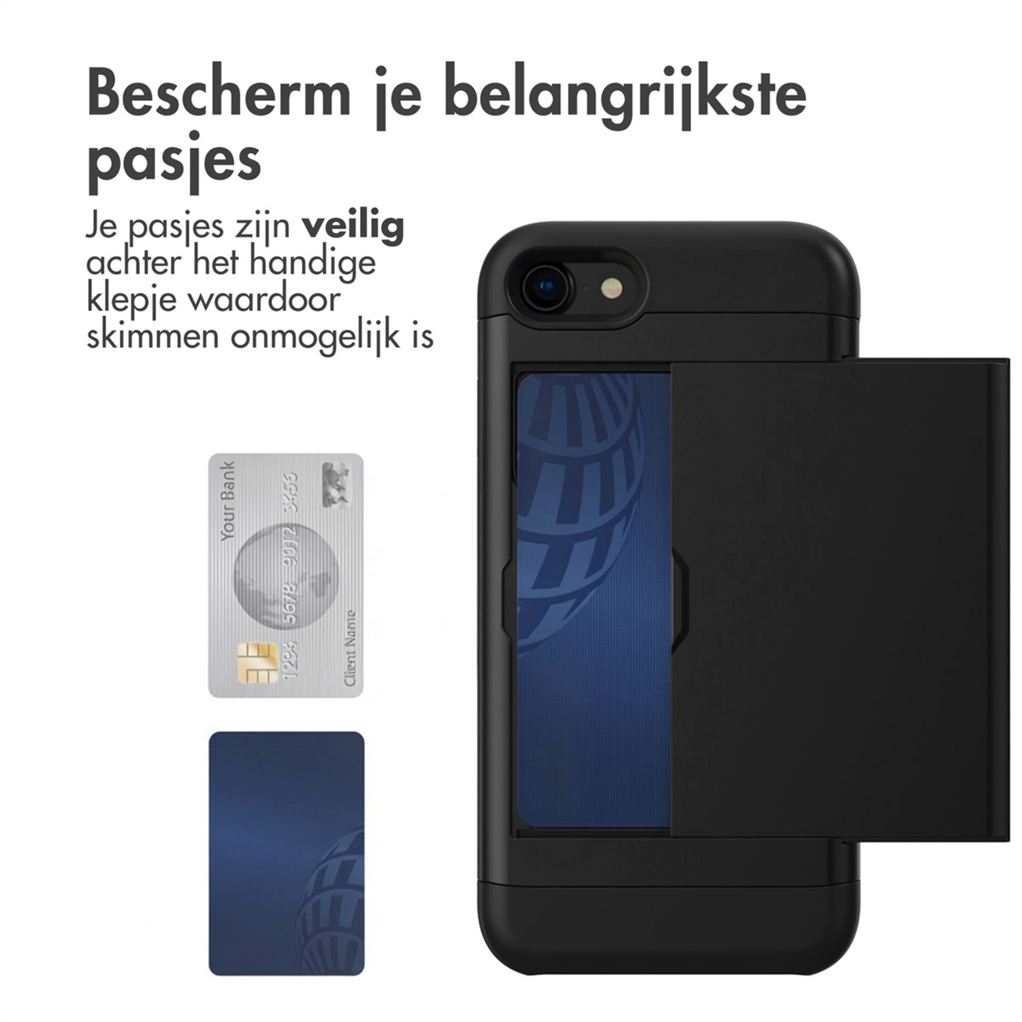 Zwarte telefoonhoes met kaarthouder toont zilveren creditcard en blauwe kaart.