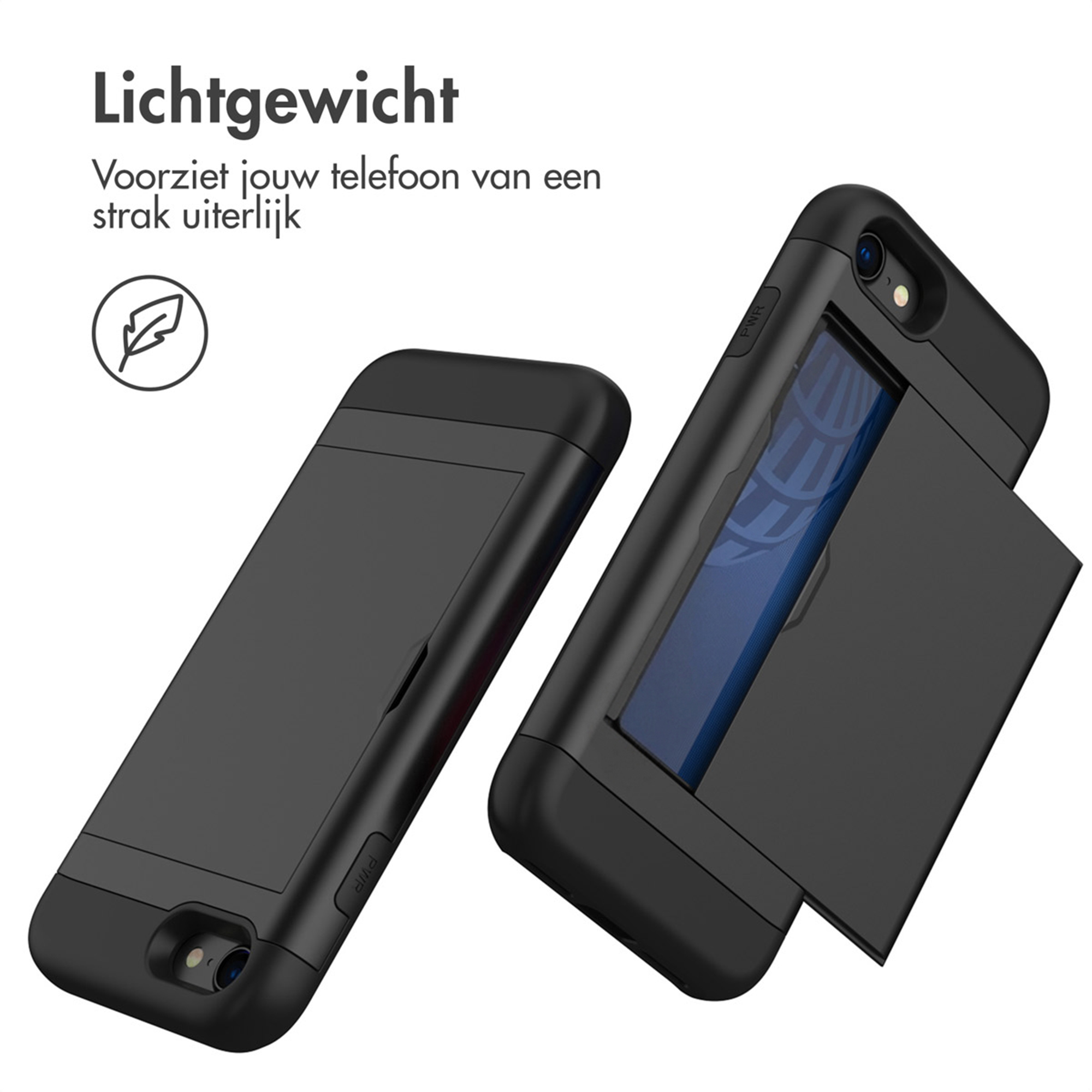 Twee zwarte telefoonhoesjes met kaarthouder naast elkaar.