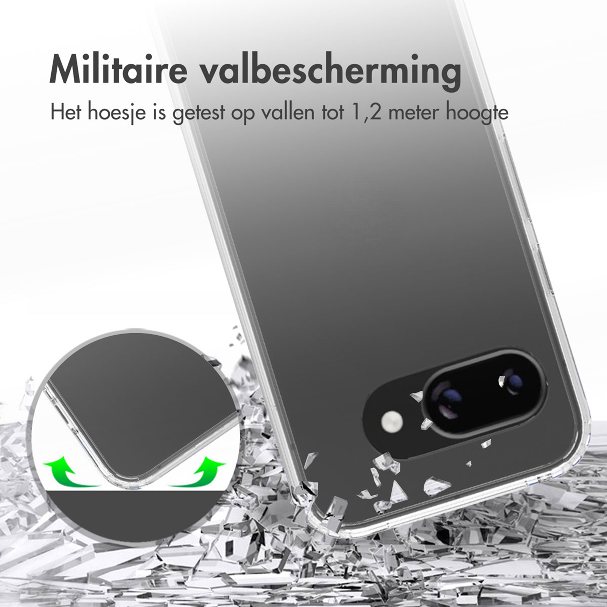 Custodia trasparente per telefono con grafica di protezione caduta.