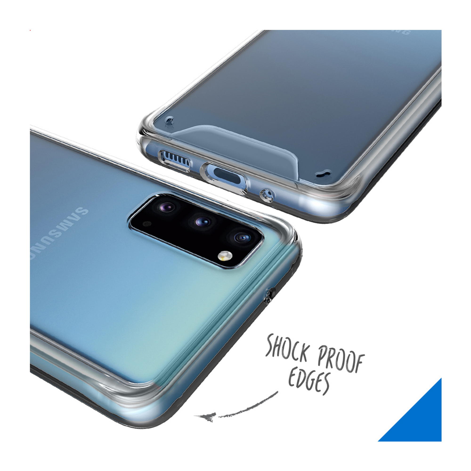 Una cover trasparente per telefono mostra il retro di un telefono blu con tre fotocamere.