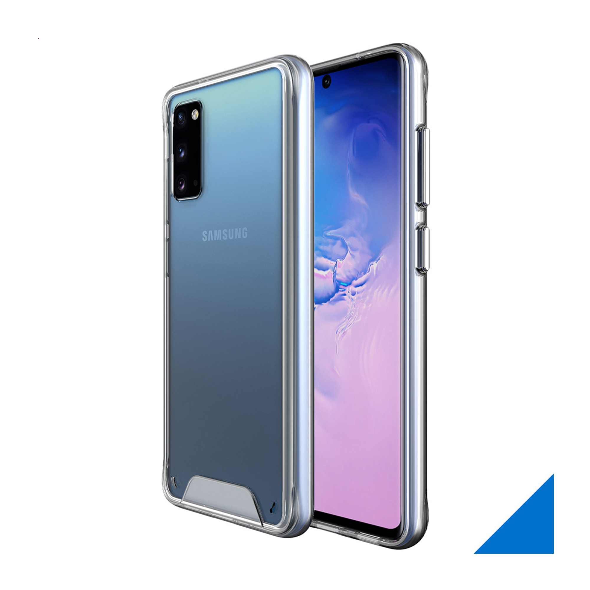 Un telefono Samsung blu con custodia trasparente e fotocamere.