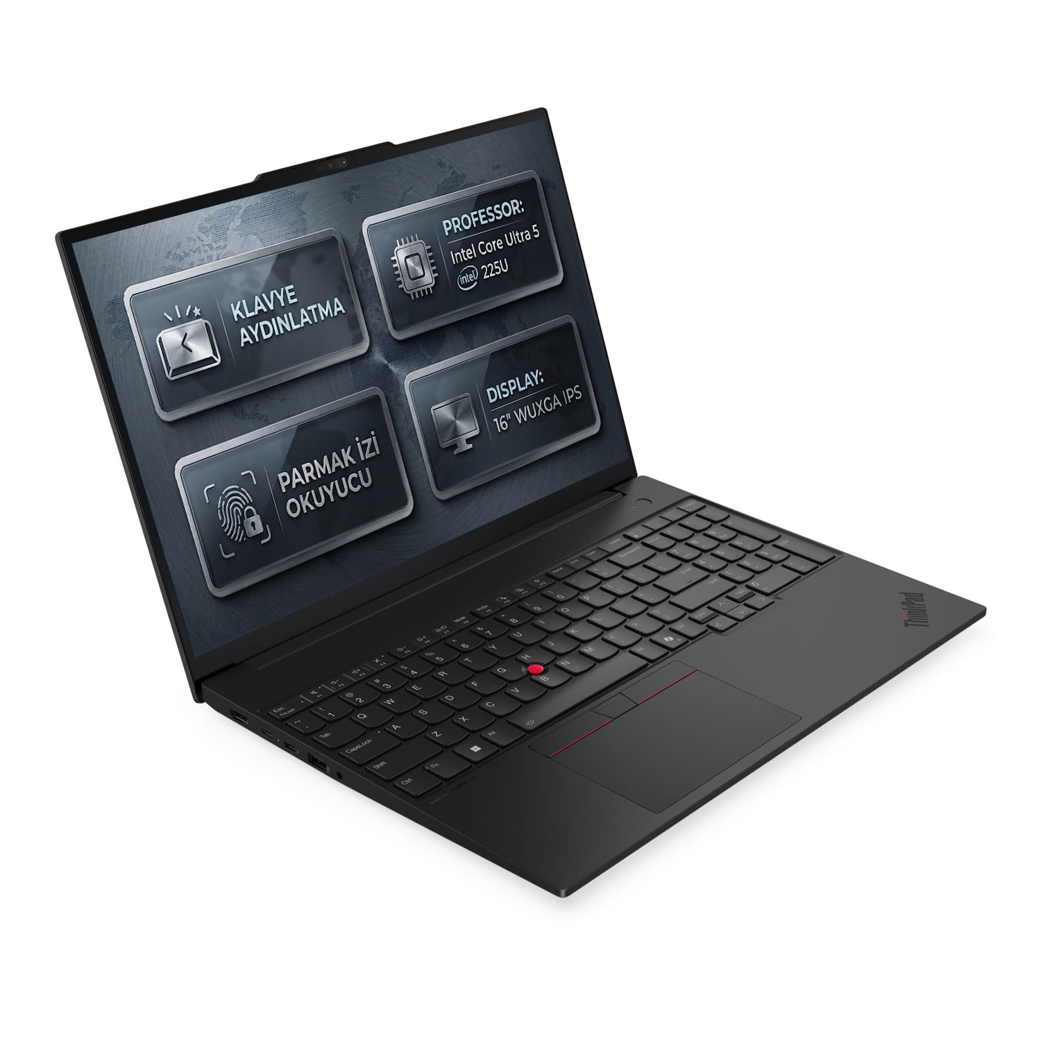 Arkadan aydınlatmalı klavyeli, parmak izi okuyuculu ve Intel Core Ultra 5 işlemcili siyah dizüstü bilgisayar.