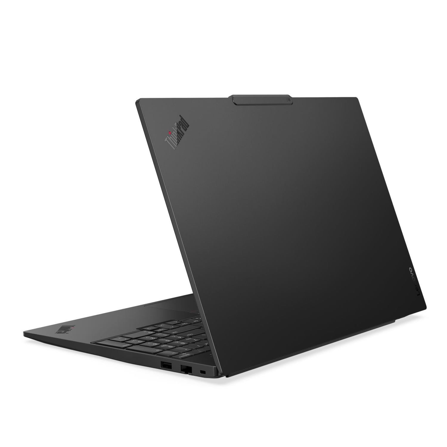 Beyaz arka plana karşı siyah bir Lenovo ThinkPad dizüstü bilgisayar gösteriliyor.