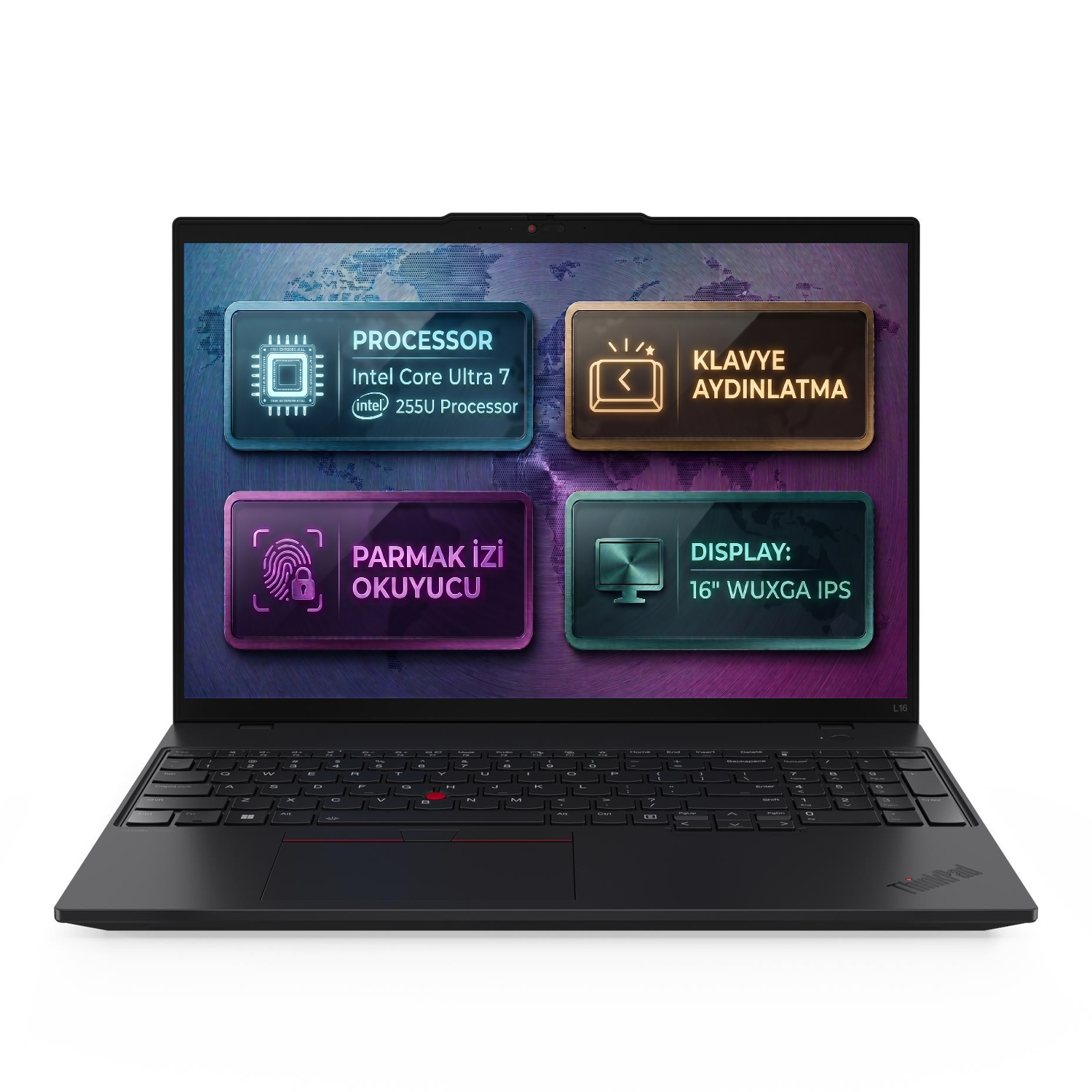 Intel Core Ultra 7 işlemcili, parmak izi okuyuculu, aydınlatmalı klavyeli ve 16 inç ekranlı siyah dizüstü bilgisayar.
