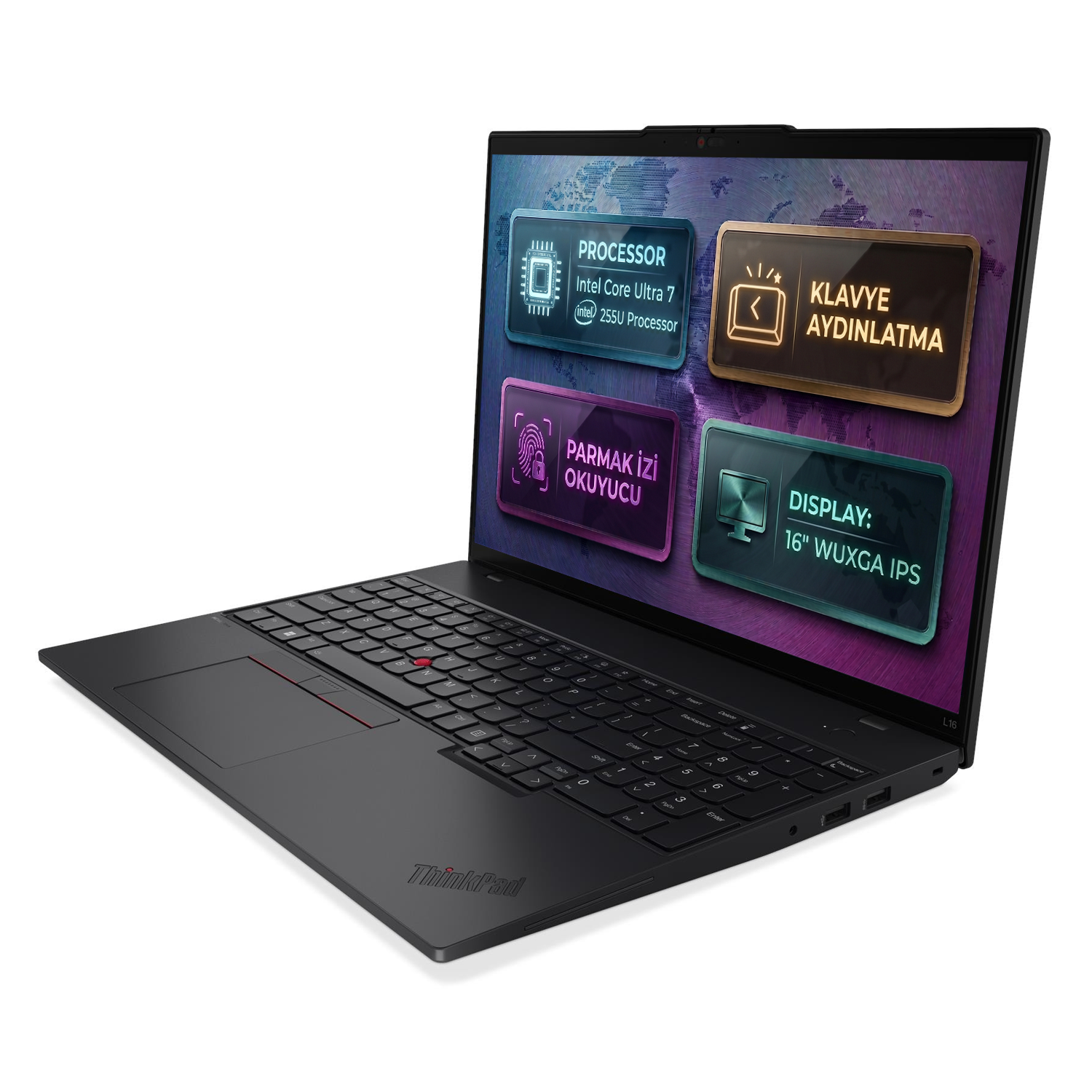 Intel Core Ultra 7 işlemcili, parmak izi okuyuculu, aydınlatmalı klavyeli siyah dizüstü bilgisayar.