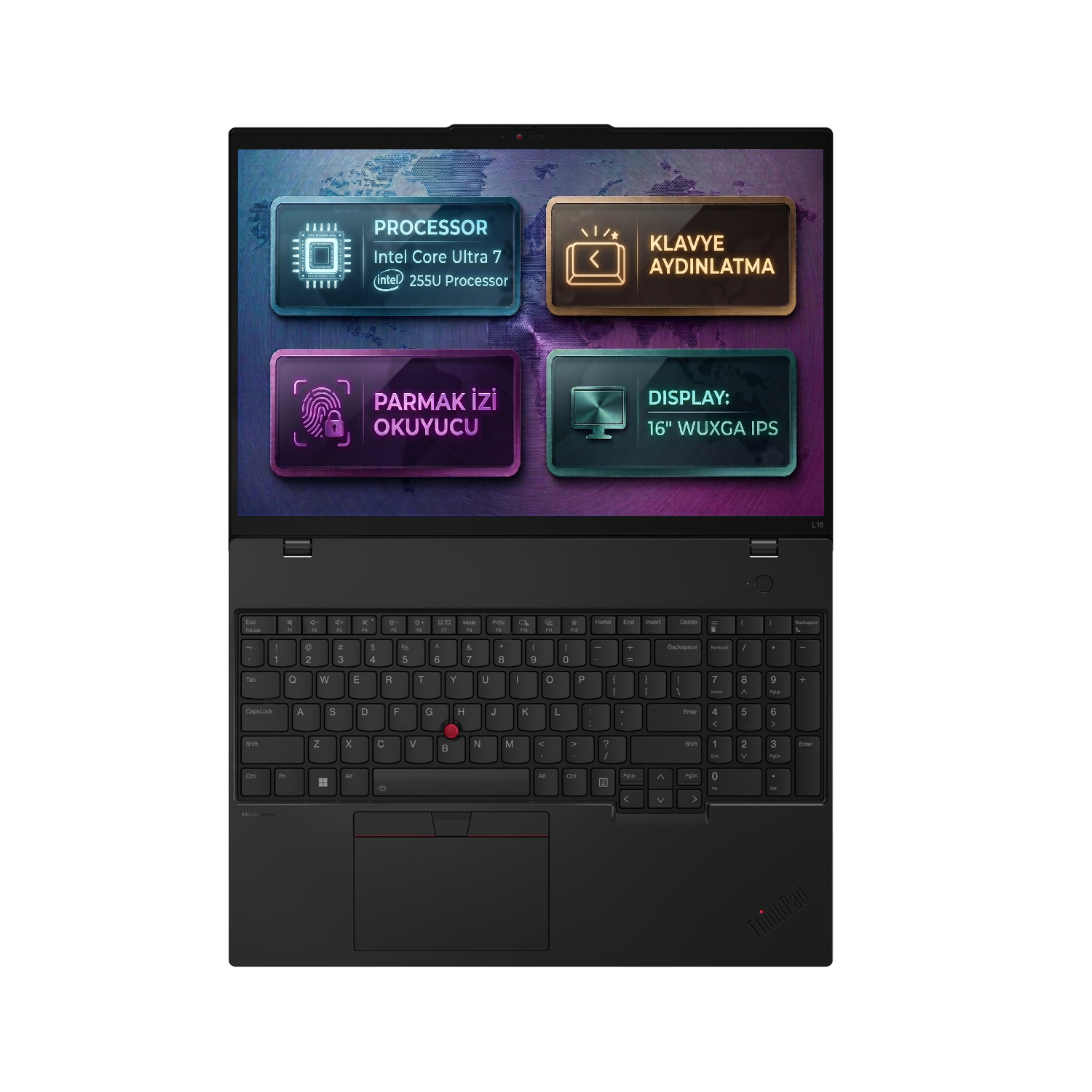 Intel Core Ultra 7 işlemcili açık siyah ThinkPad dizüstü bilgisayar.