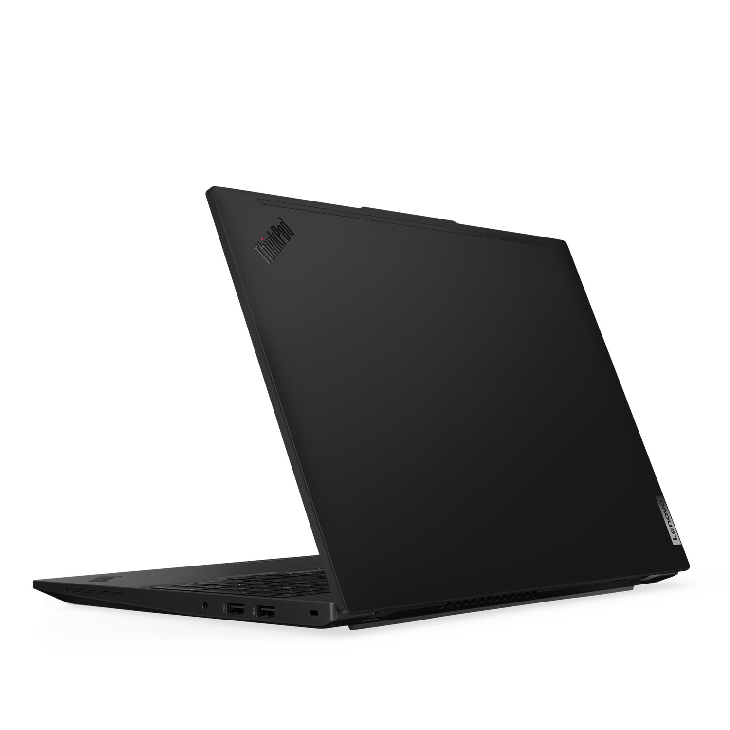 ThinkPad logolu siyah dizüstü bilgisayar, kısmen açık, klavye ve bağlantı noktaları görünüyor.