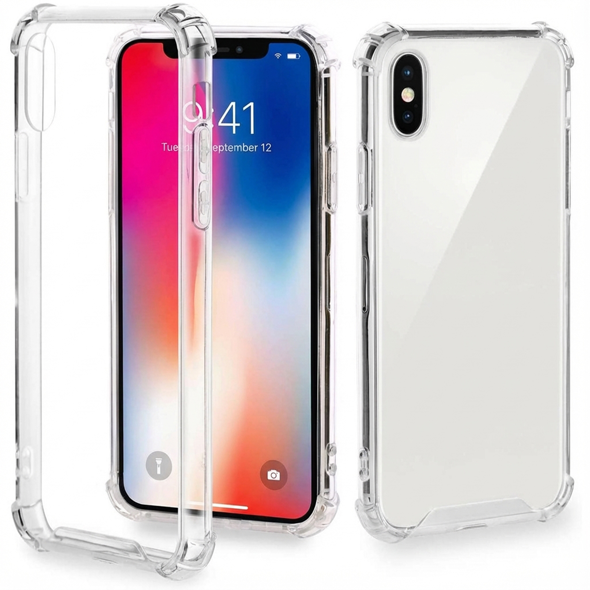 Custodia trasparente per telefono con angoli rinforzati, mostra un iPhone in blocco schermo.