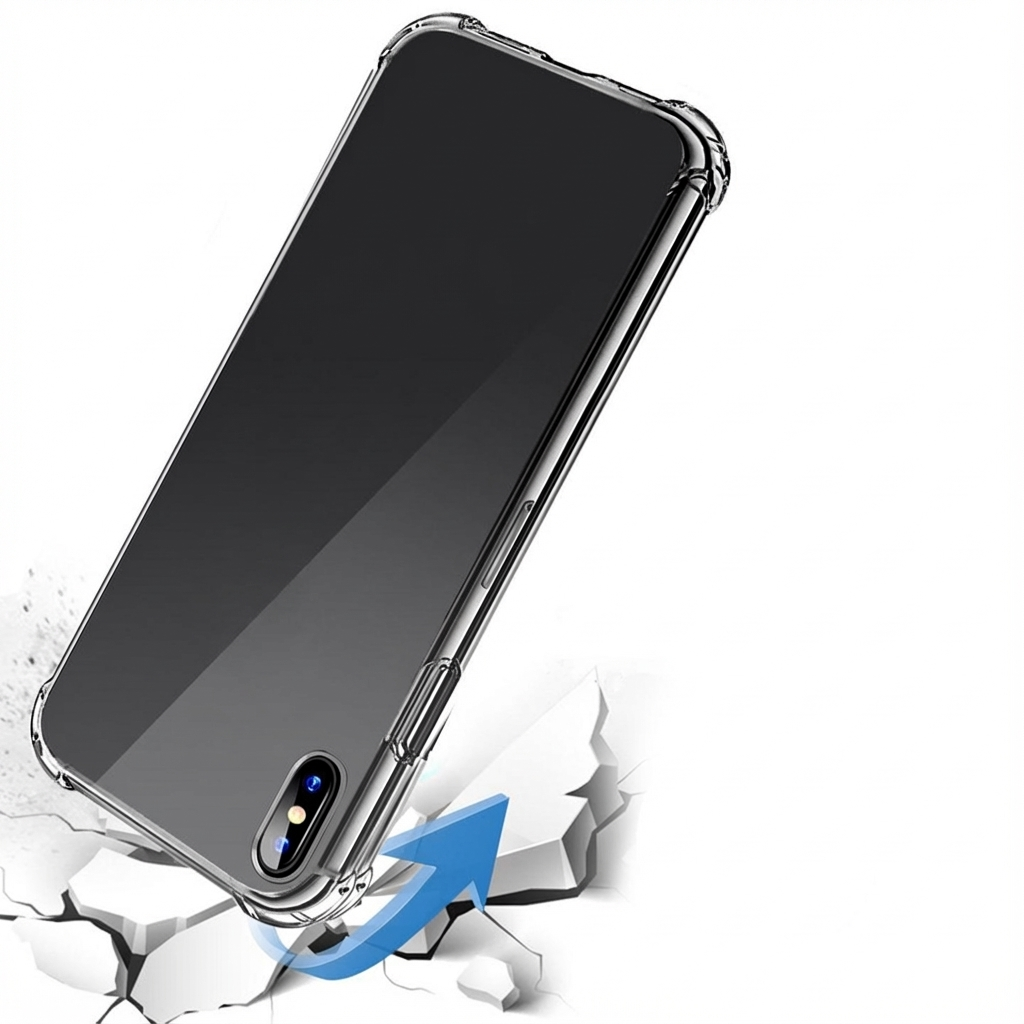 Una custodia trasparente per telefono su terreno crepato con freccia.