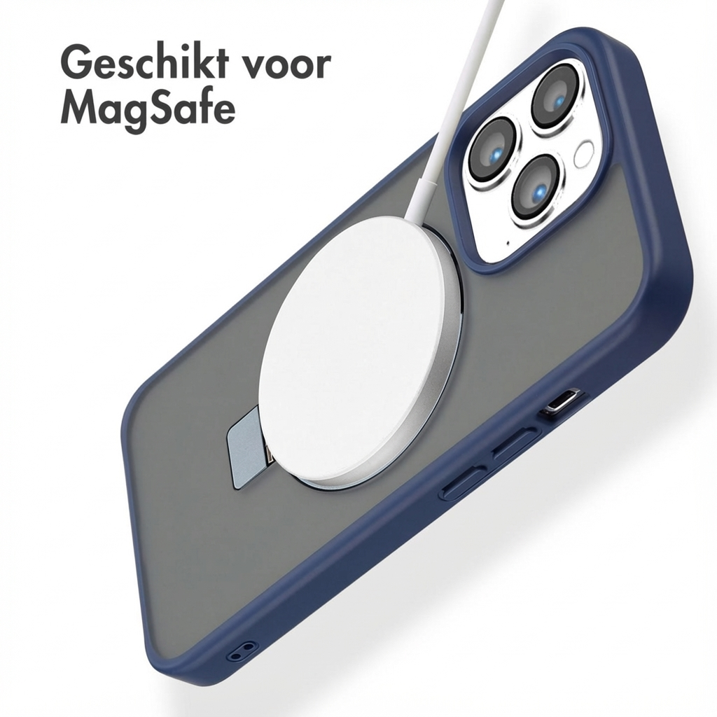 Un iPhone con caricabatterie MagSafe attaccato sul retro.