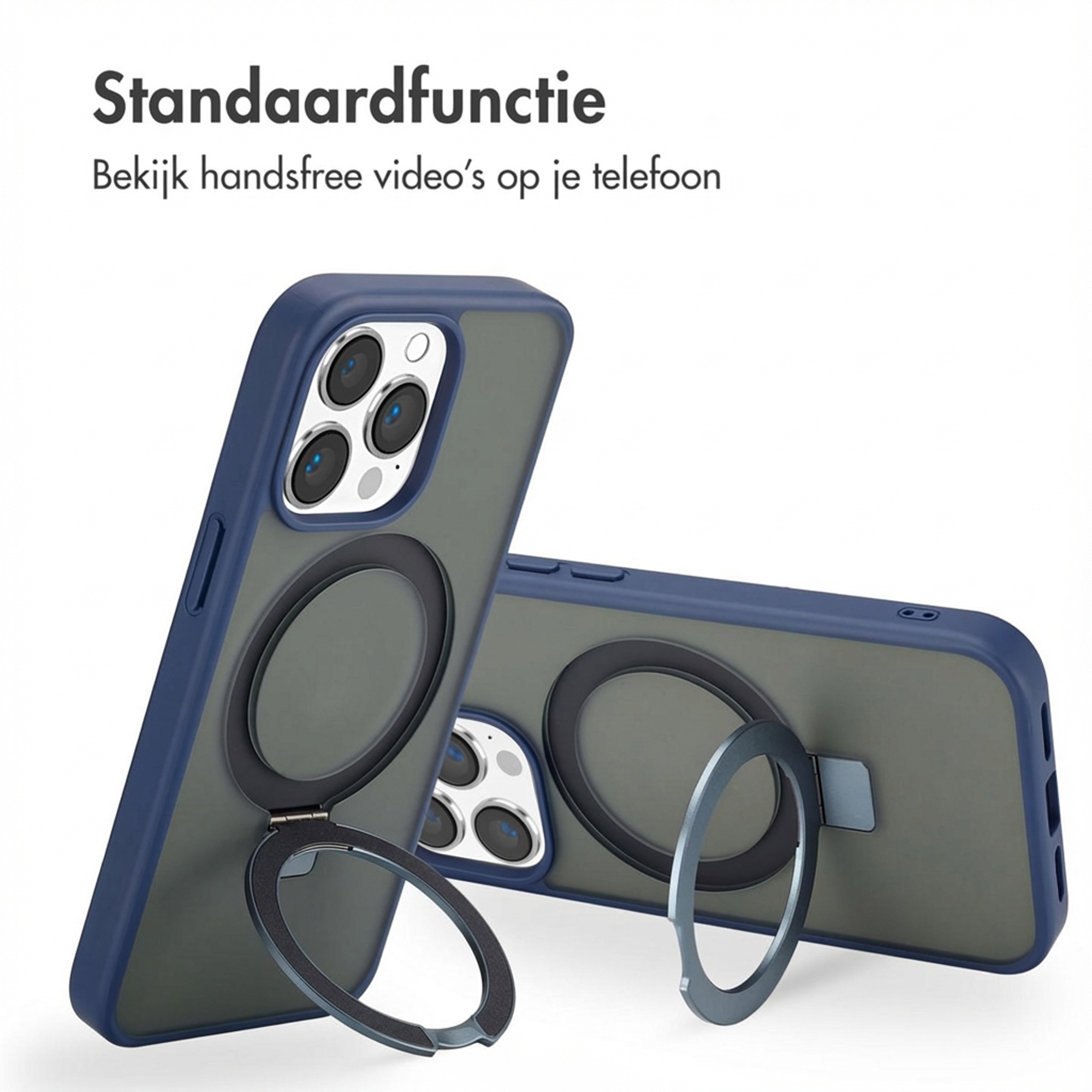 Due custodie per telefono blu scuro con anelli di supporto integrati su sfondo bianco.