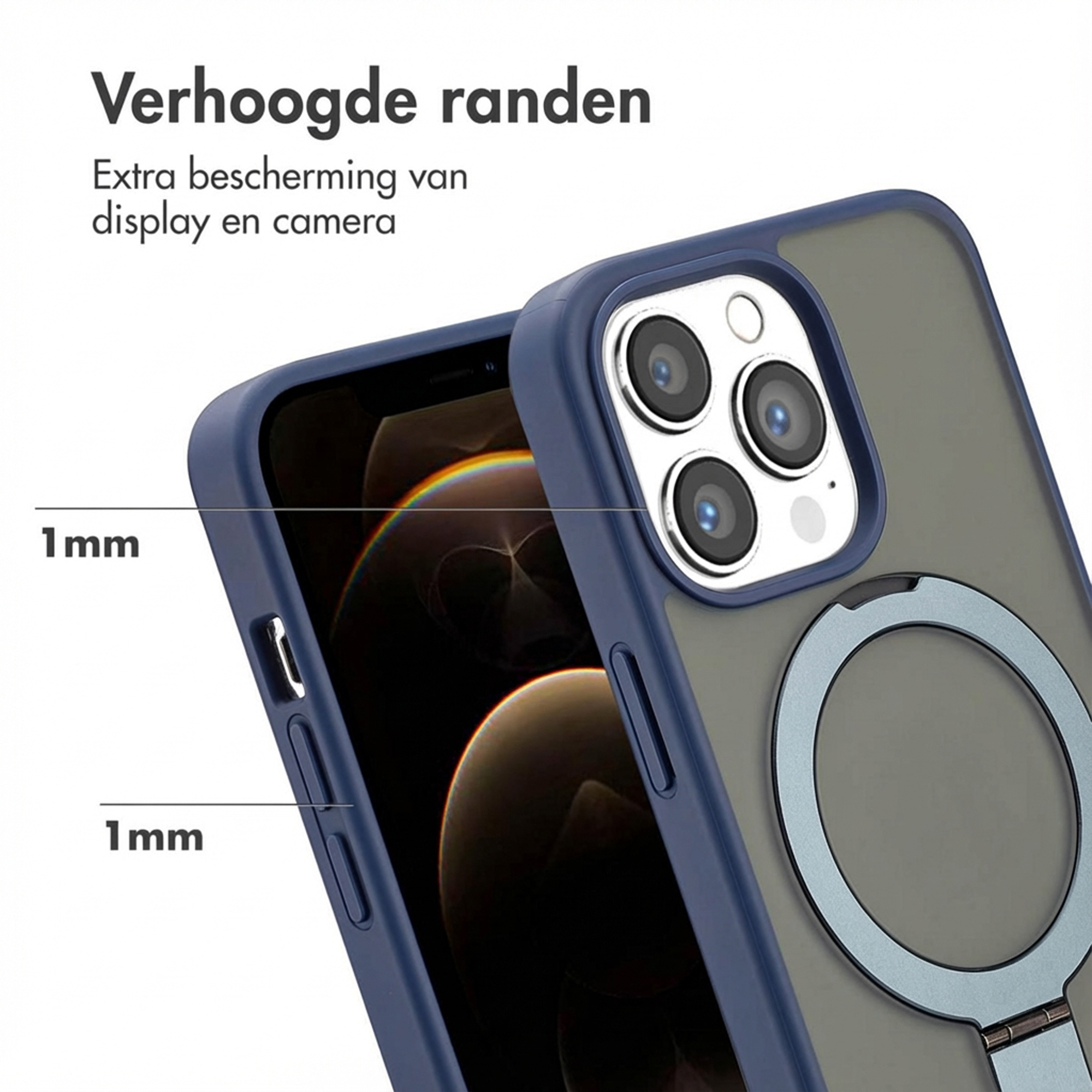 Custodia blu per telefono con bordi rialzati, fotocamera e anello portaoggetti.