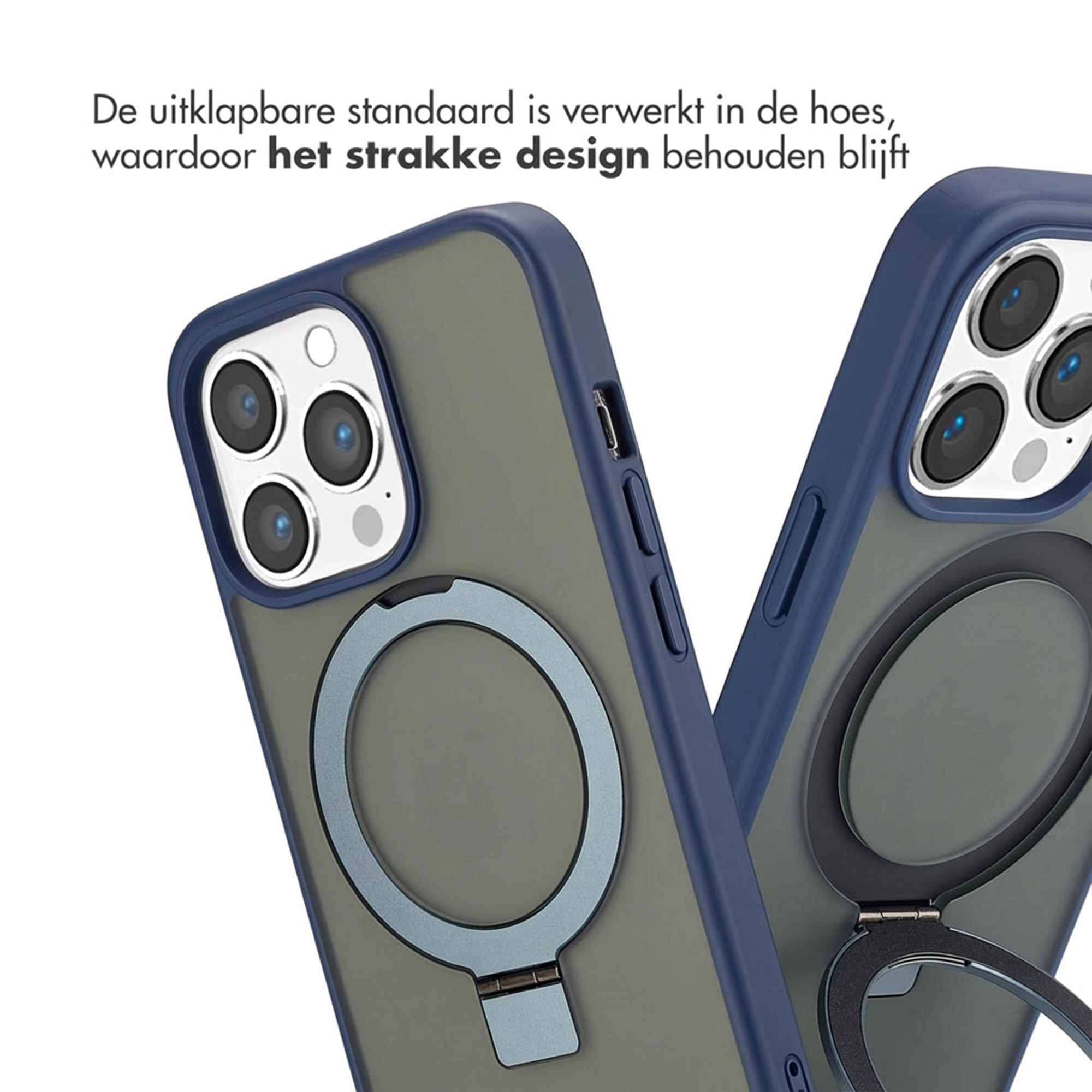 Due custodie per telefono con supporti ad anello integrati, retro opaco, bordo blu.