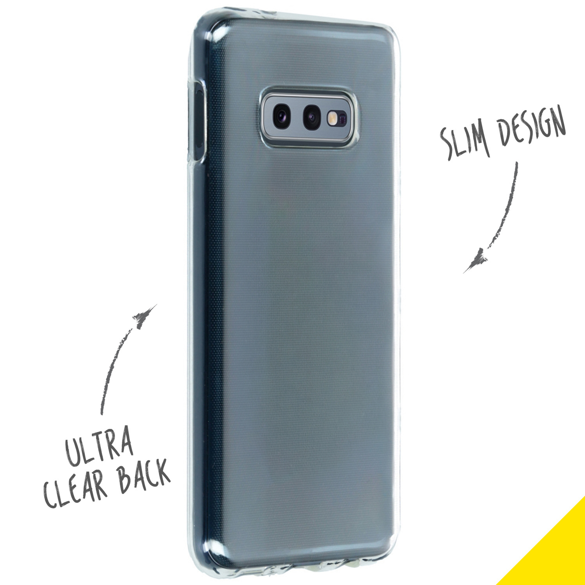 Custodia trasparente per telefono con doppia fotocamera posteriore e testo.