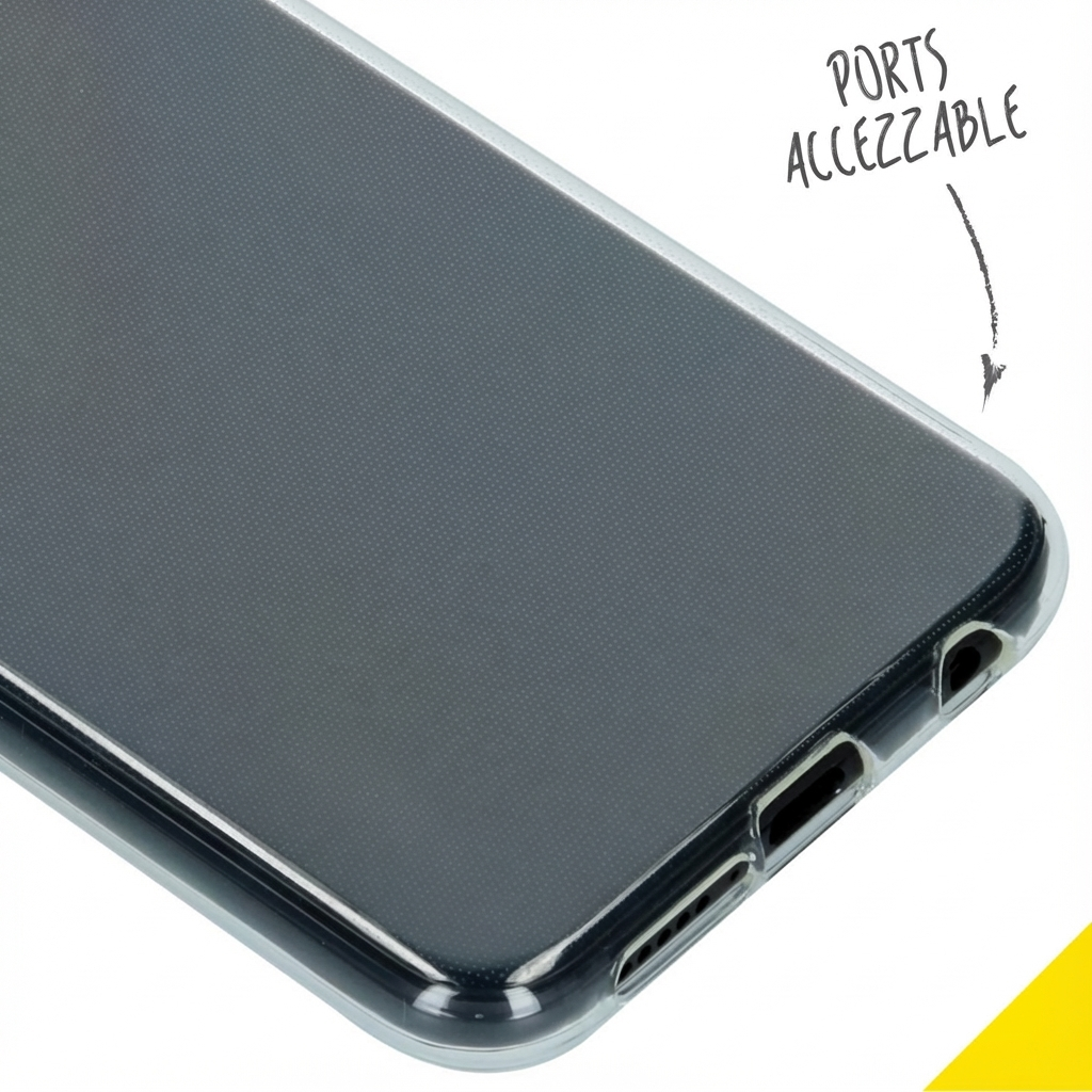 Clear phone case showing accessible ports and a dotted back. Ports are accessible.