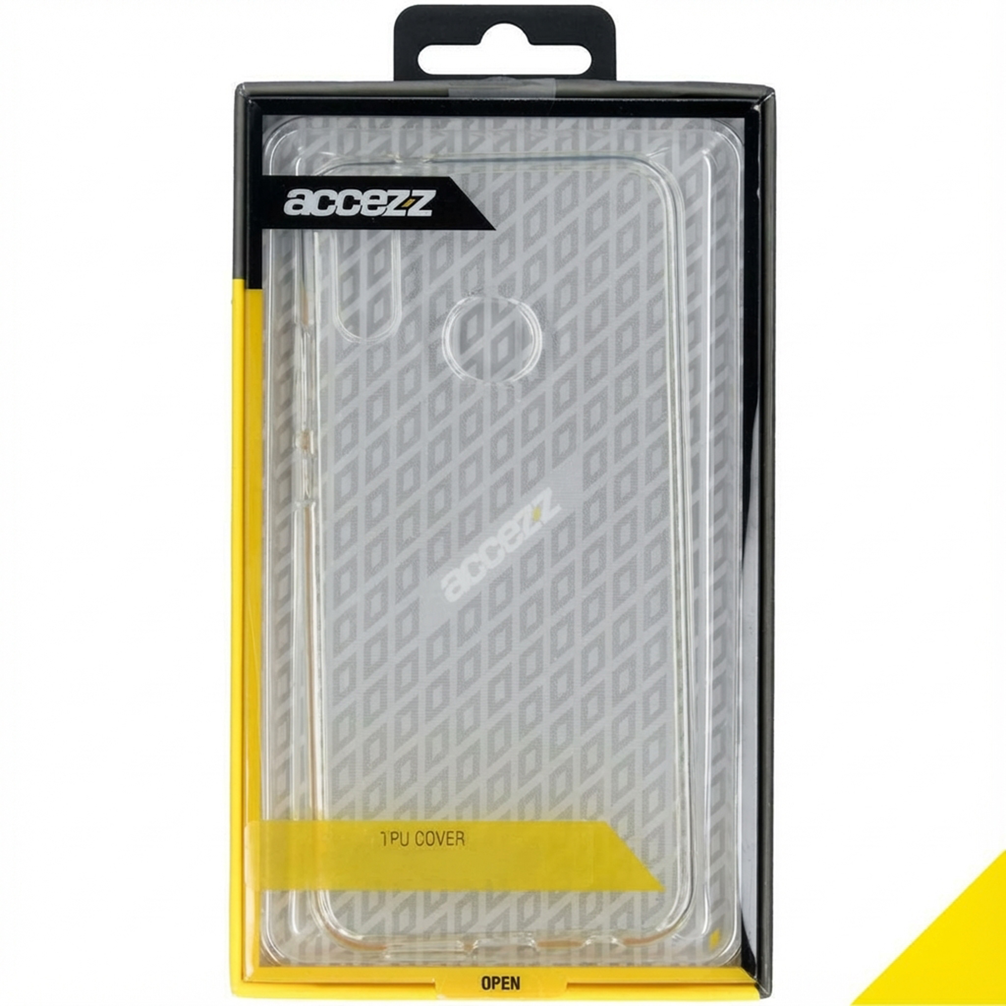 Packaging of a clear phone case with a yellow stripe and logo.