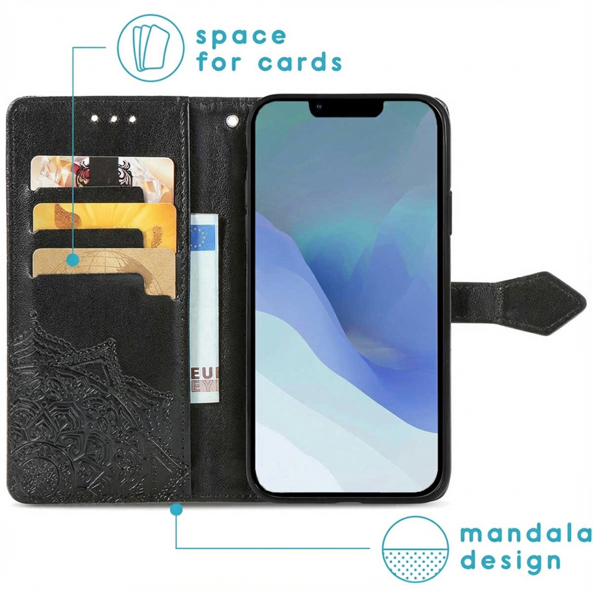 Custodia nera per telefono con slot per carte e design mandala. Display mostra onde astratte.