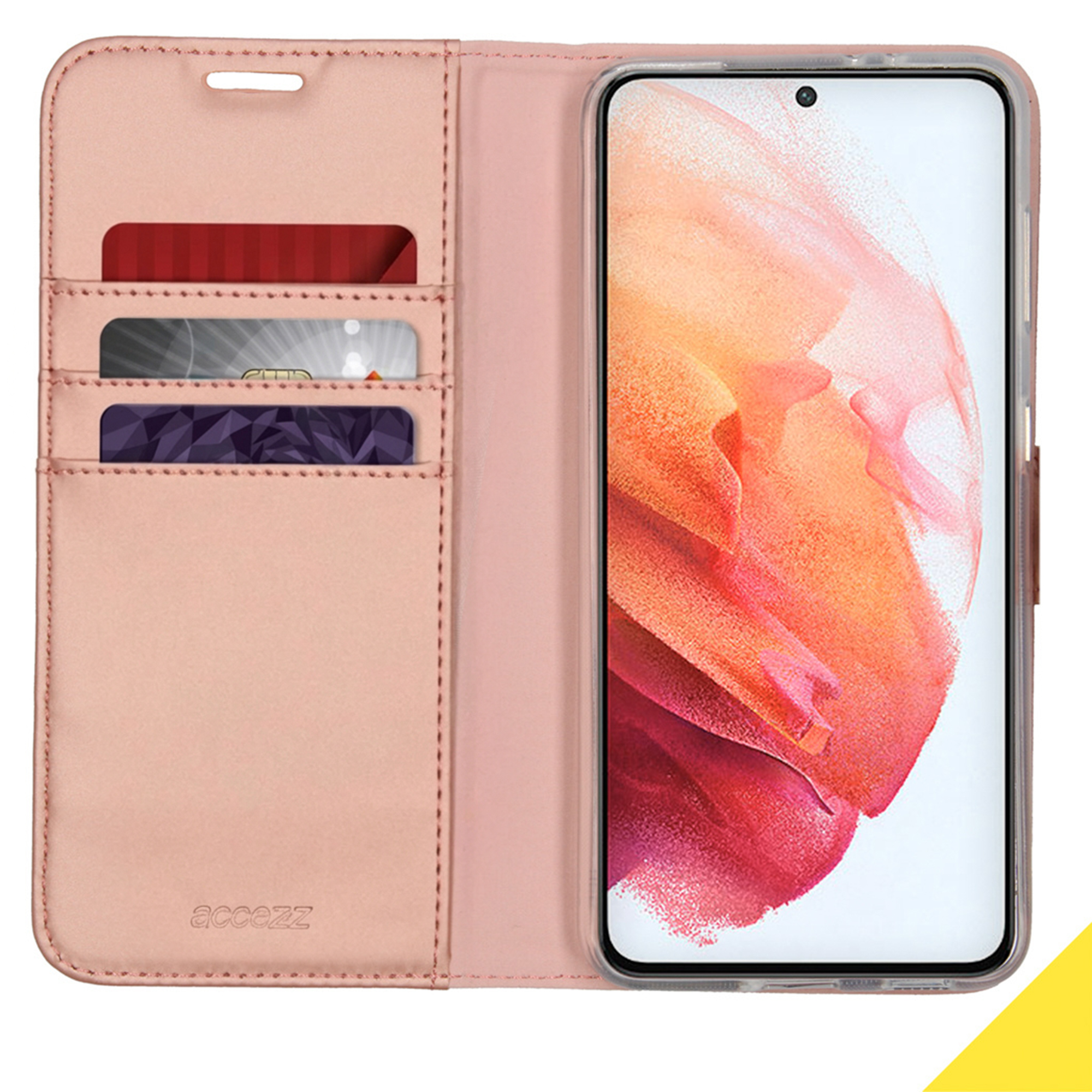 Custodia rosa per telefono con slot per carte e smartphone con sfondo arancione.
