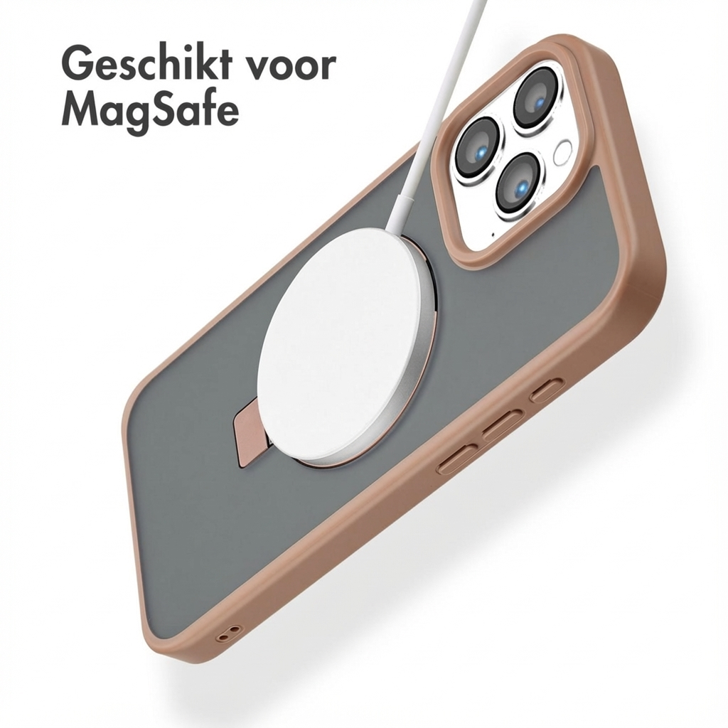 Custodia grigia per telefono con bordo marrone, caricatore MagSafe collegato.