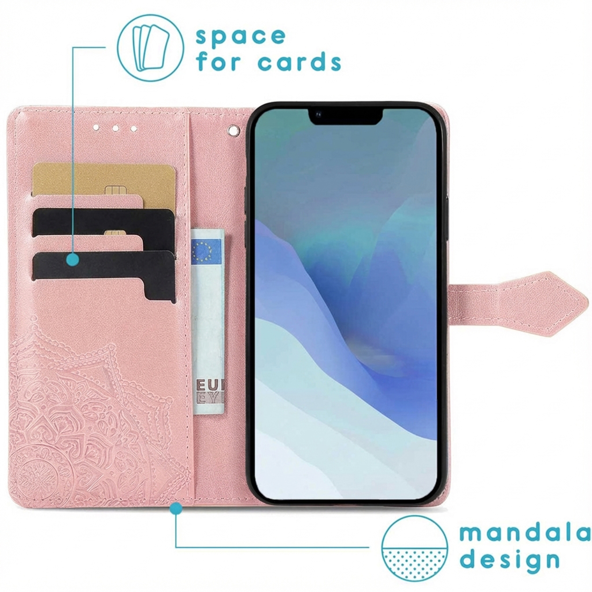 Una custodia rosa per telefono con slot per carte e design mandala.