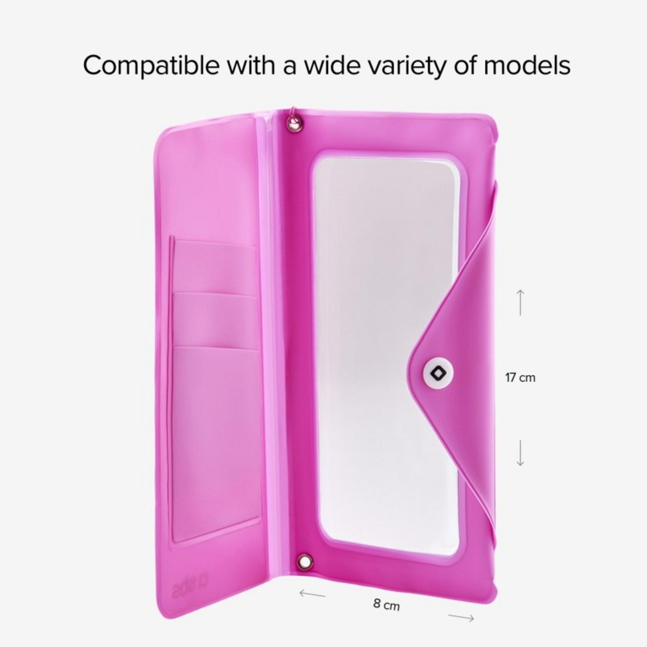 Una custodia per telefono rosa trasparente aperta con slot per carte e dimensioni.