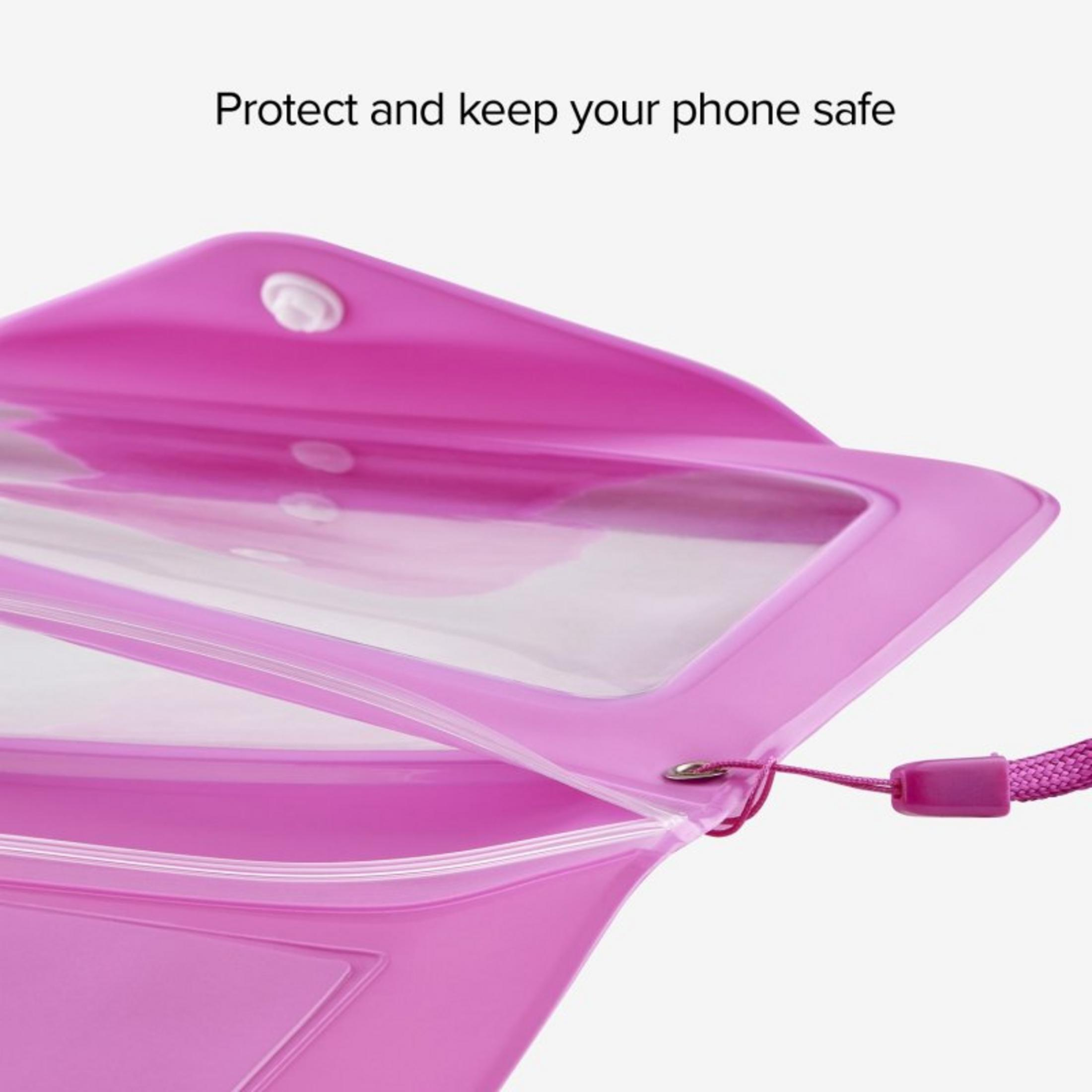 Una custodia impermeabile rosa per telefono con finestra trasparente e laccetto.