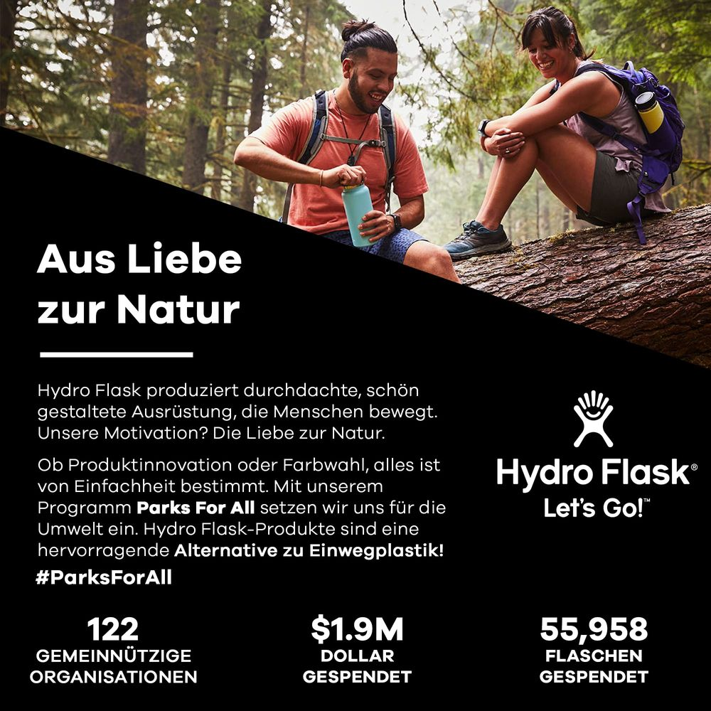 Mann und Frau im Wald, Hydro Flask Logo und Spendeninformationen.