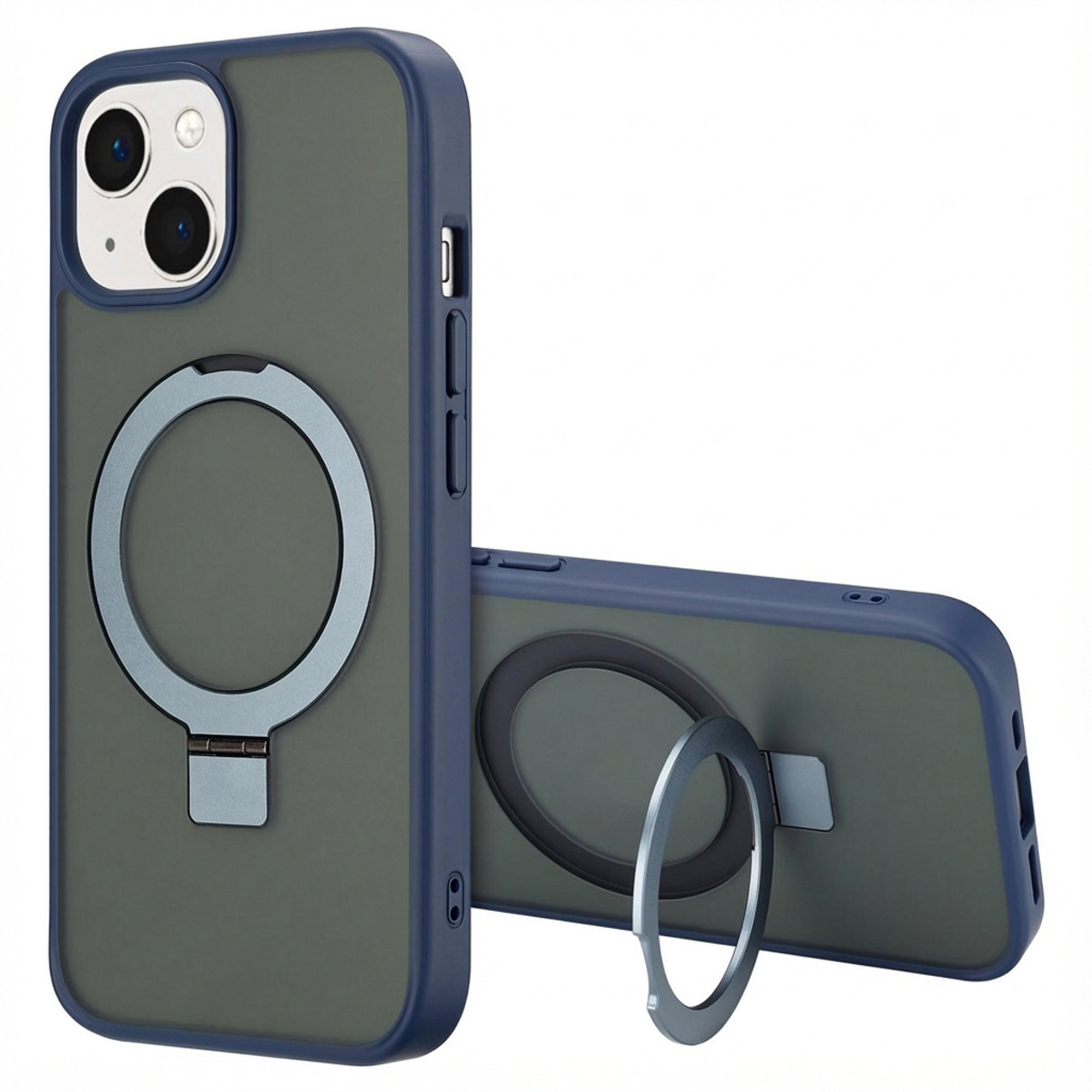 Dark gray phone case with ring holder and dark blue trim.