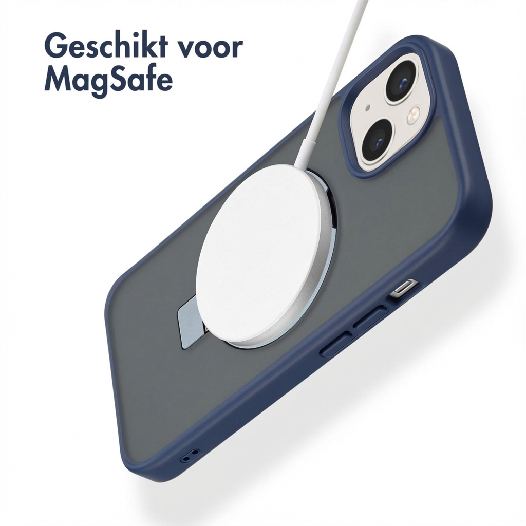 A dark blue iPhone with MagSafe charger is shown.